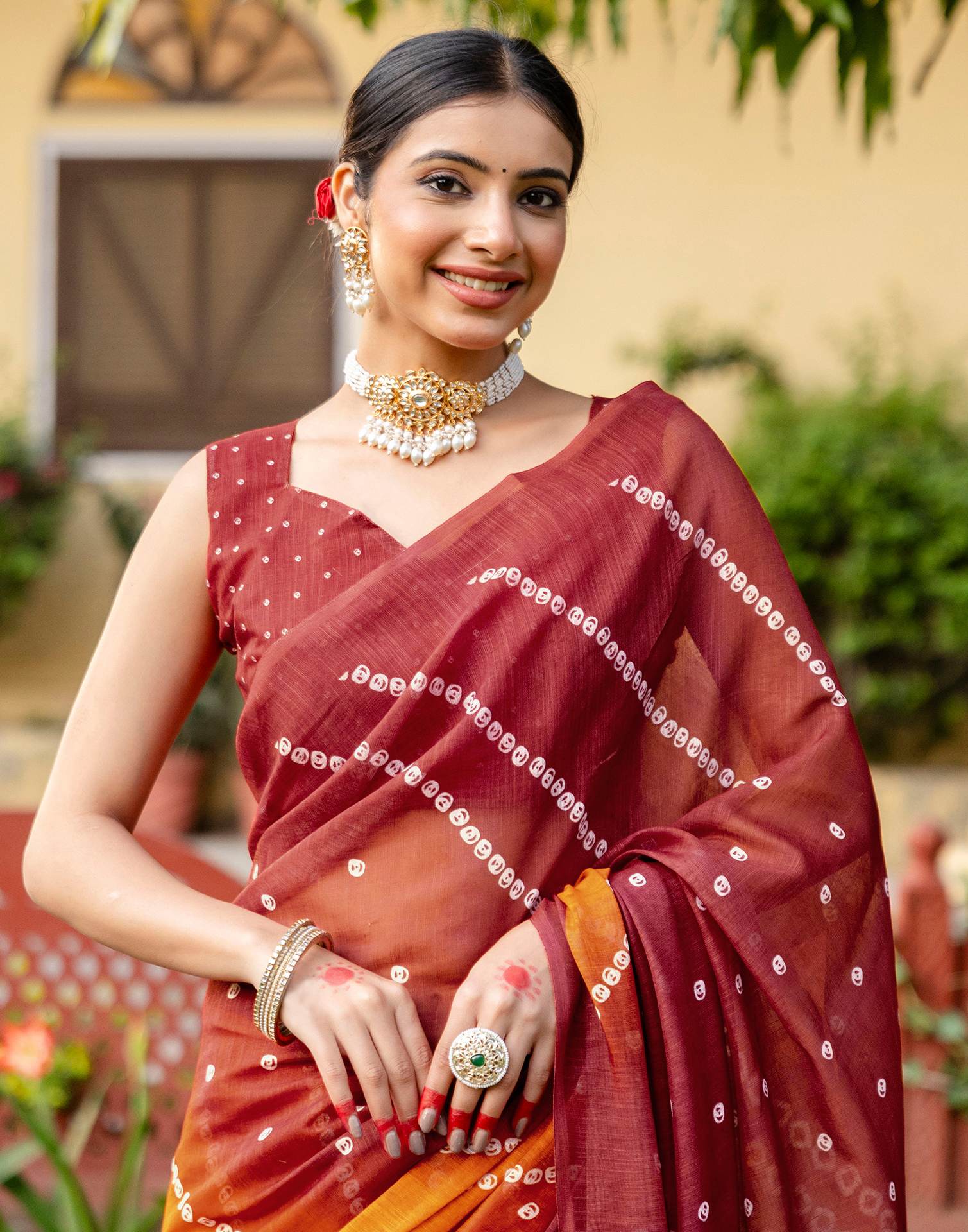 Vat Savitri Special Orange Linen Bandhani Printed Saree - Image 2