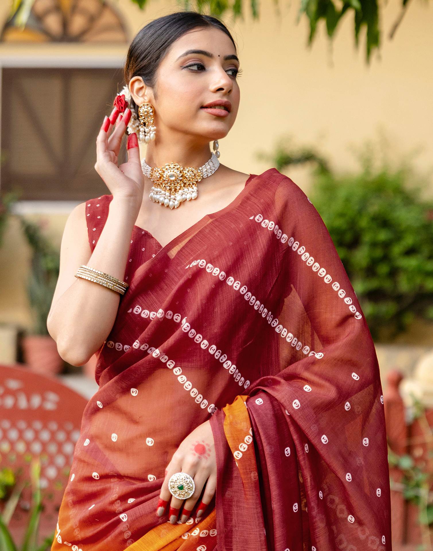 Vat Savitri Special Orange Linen Bandhani Printed Saree - Image 5
