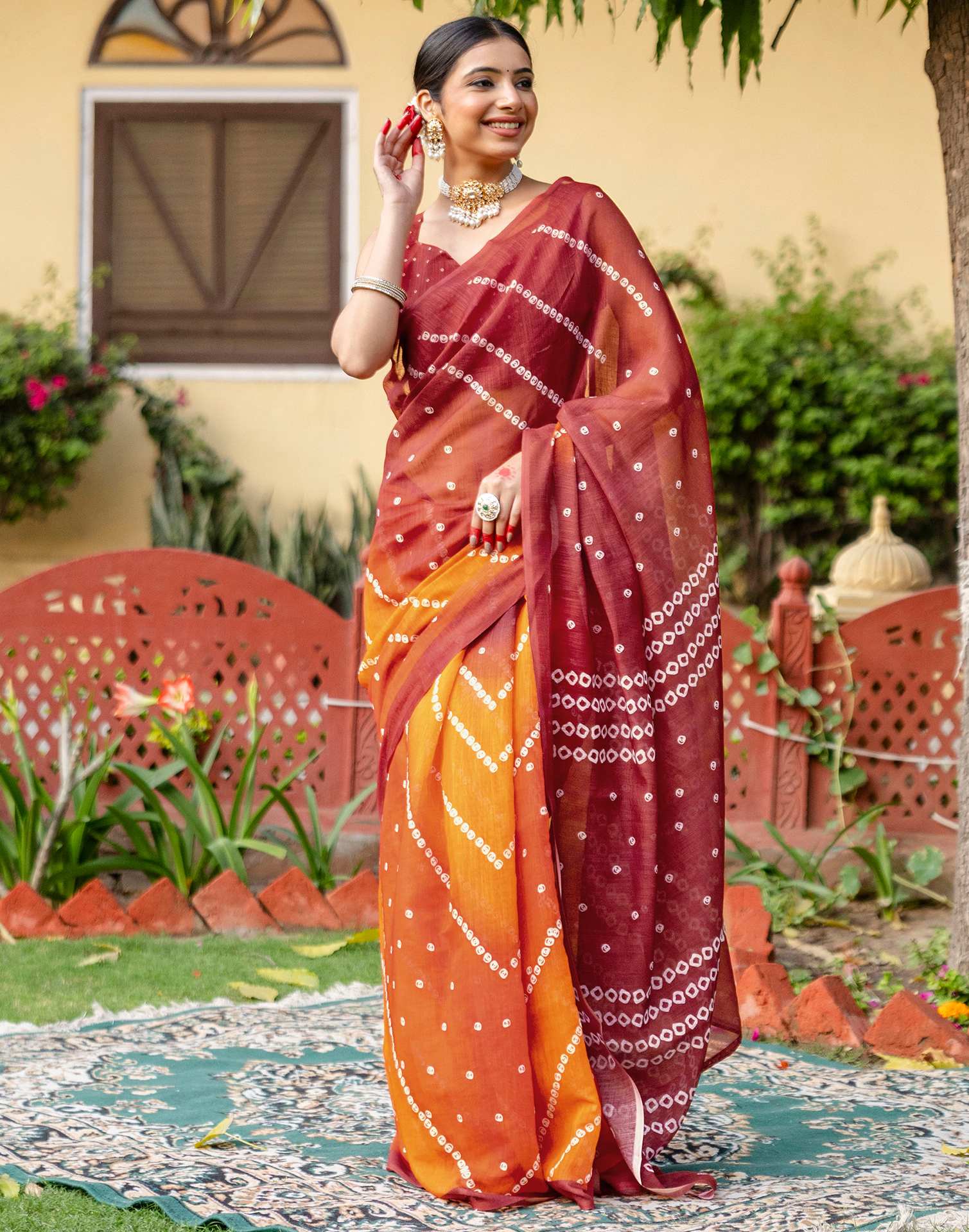 Vat Savitri Special Orange Linen Bandhani Printed Saree - Image 6