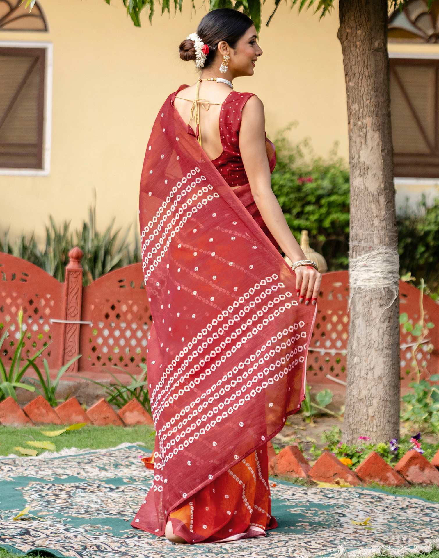 Vat Savitri Special Orange Linen Bandhani Printed Saree - Image 8