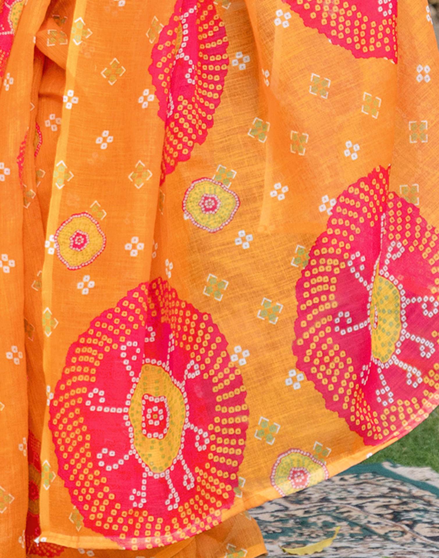 Vat Savitri Special Orange Linen Bandhani Printed Saree - Image 12