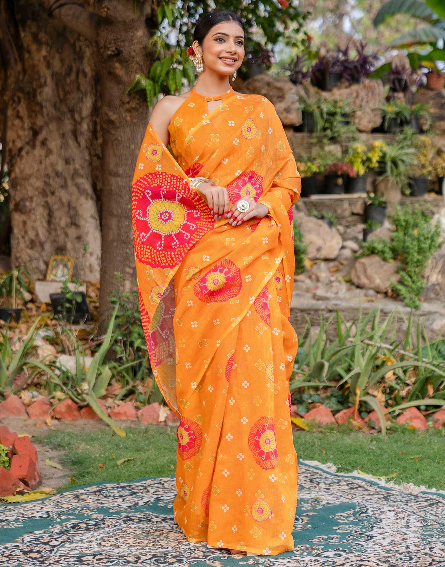 Vat Savitri Special Orange Linen Bandhani Printed Saree - Image 6