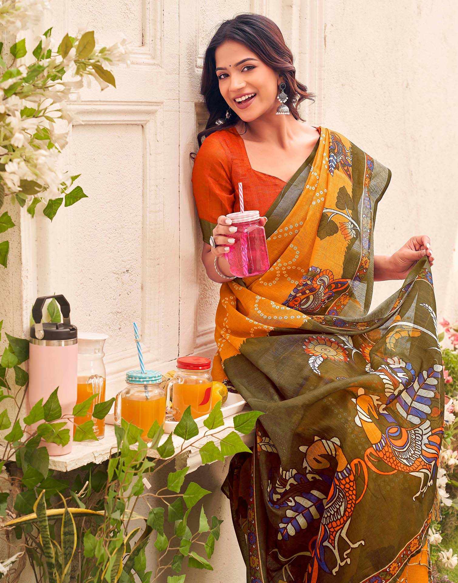 Orange Linen Bandhani Printed Saree - Image 2