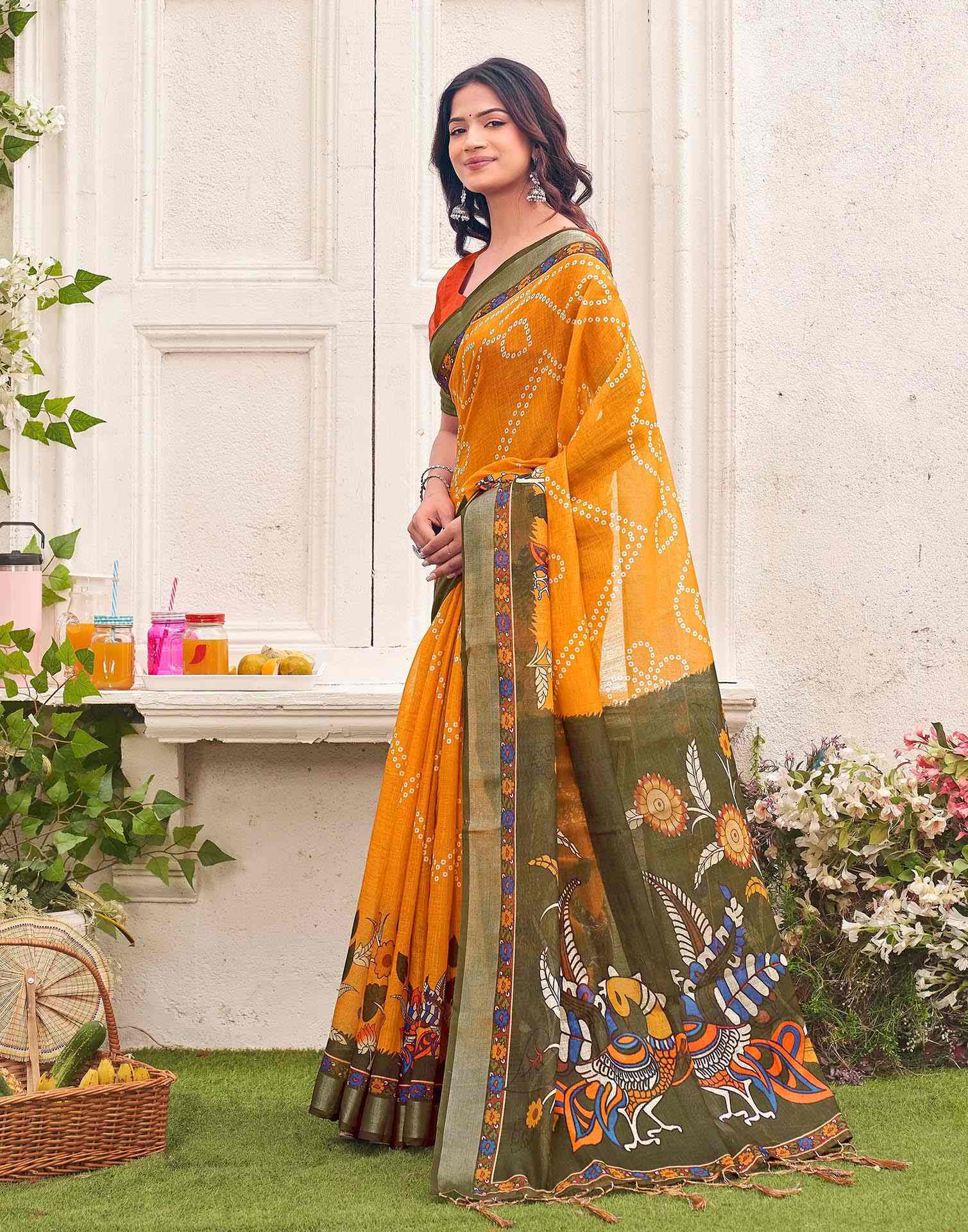 Orange Linen Bandhani Printed Saree - Image 4