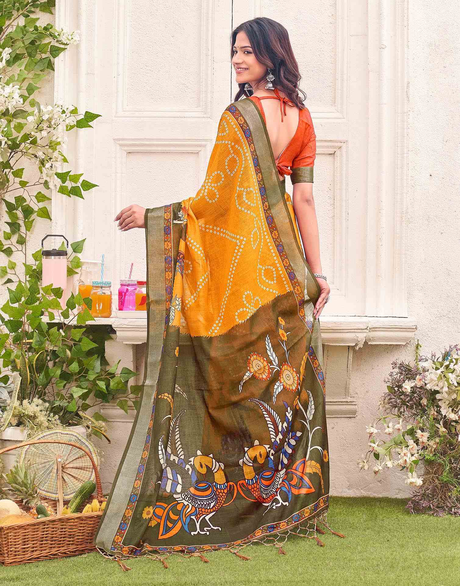 Orange Linen Bandhani Printed Saree - Image 6
