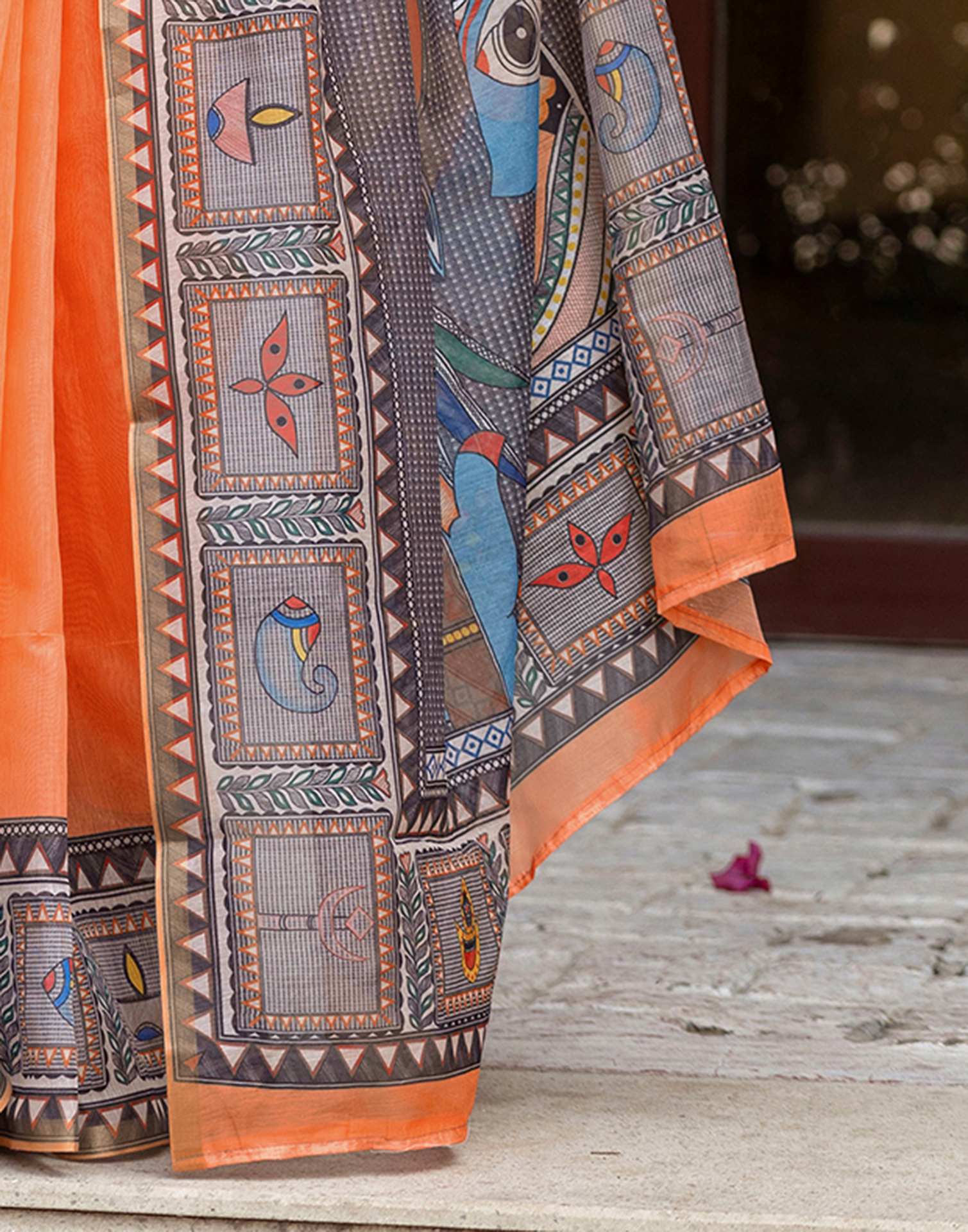 Orange Linen Kalamkari Printed Saree - Image 10