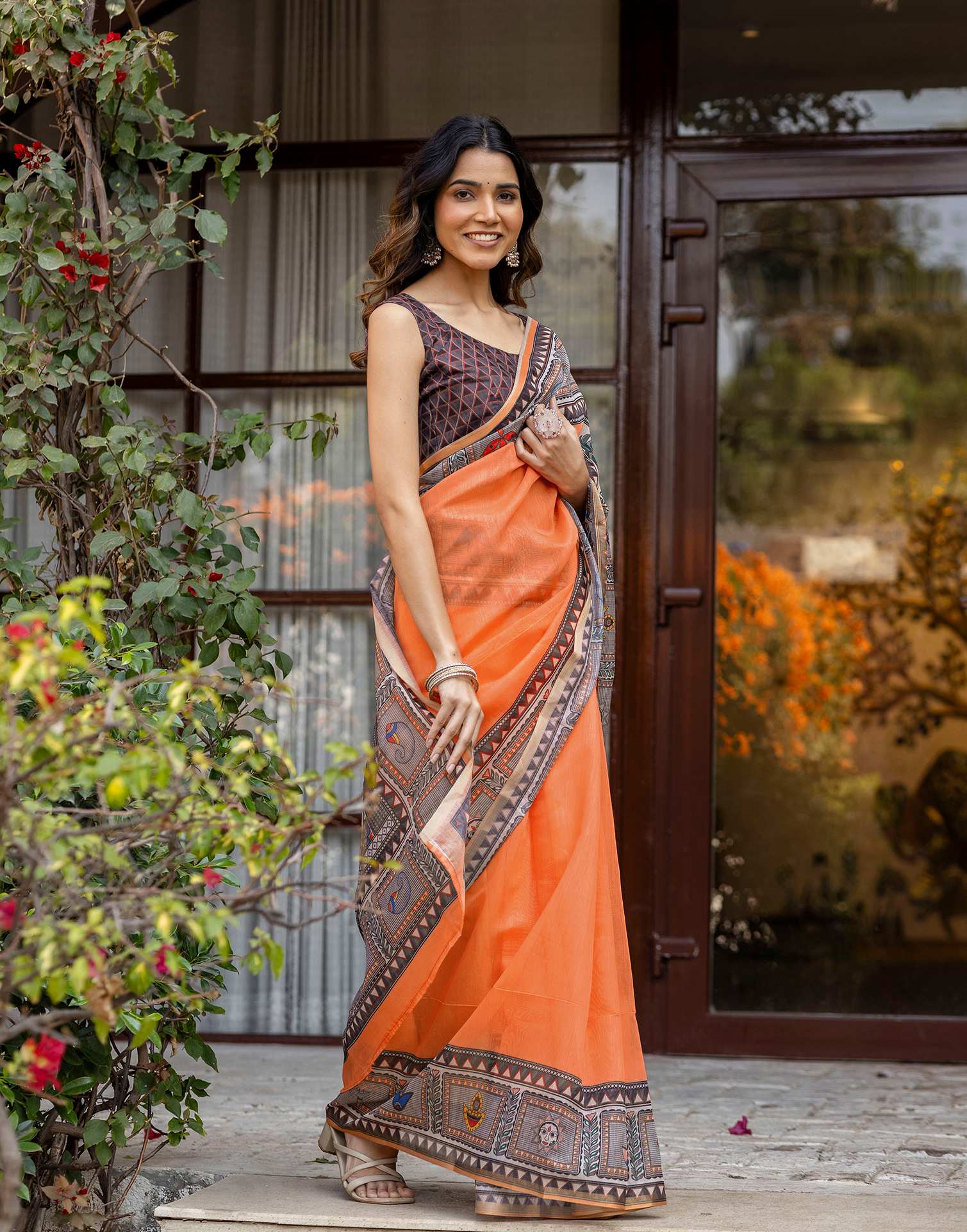 Orange Linen Kalamkari Printed Saree - Image 5