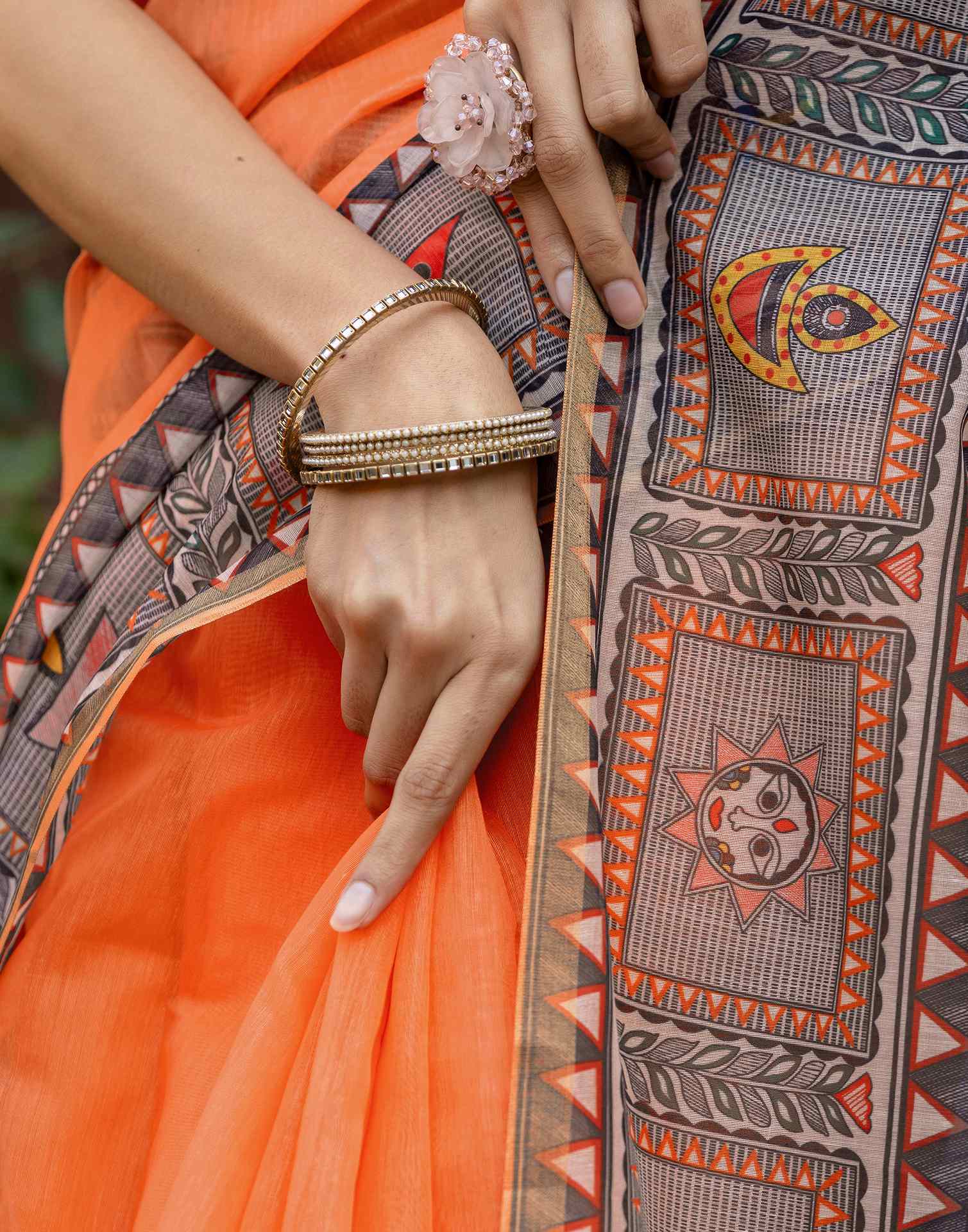 Orange Linen Kalamkari Printed Saree - Image 8