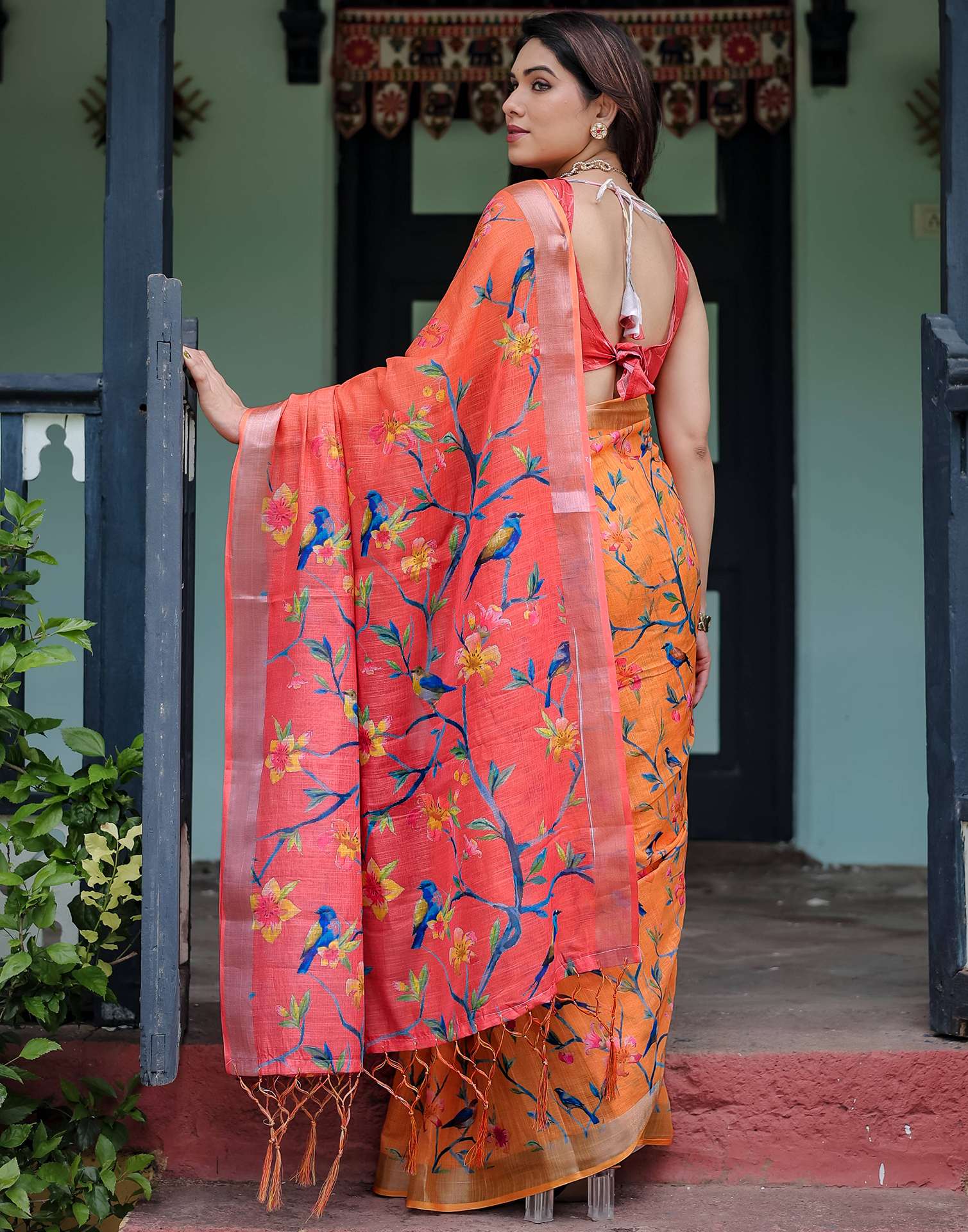 Orange Linen Printed Saree - Image 5