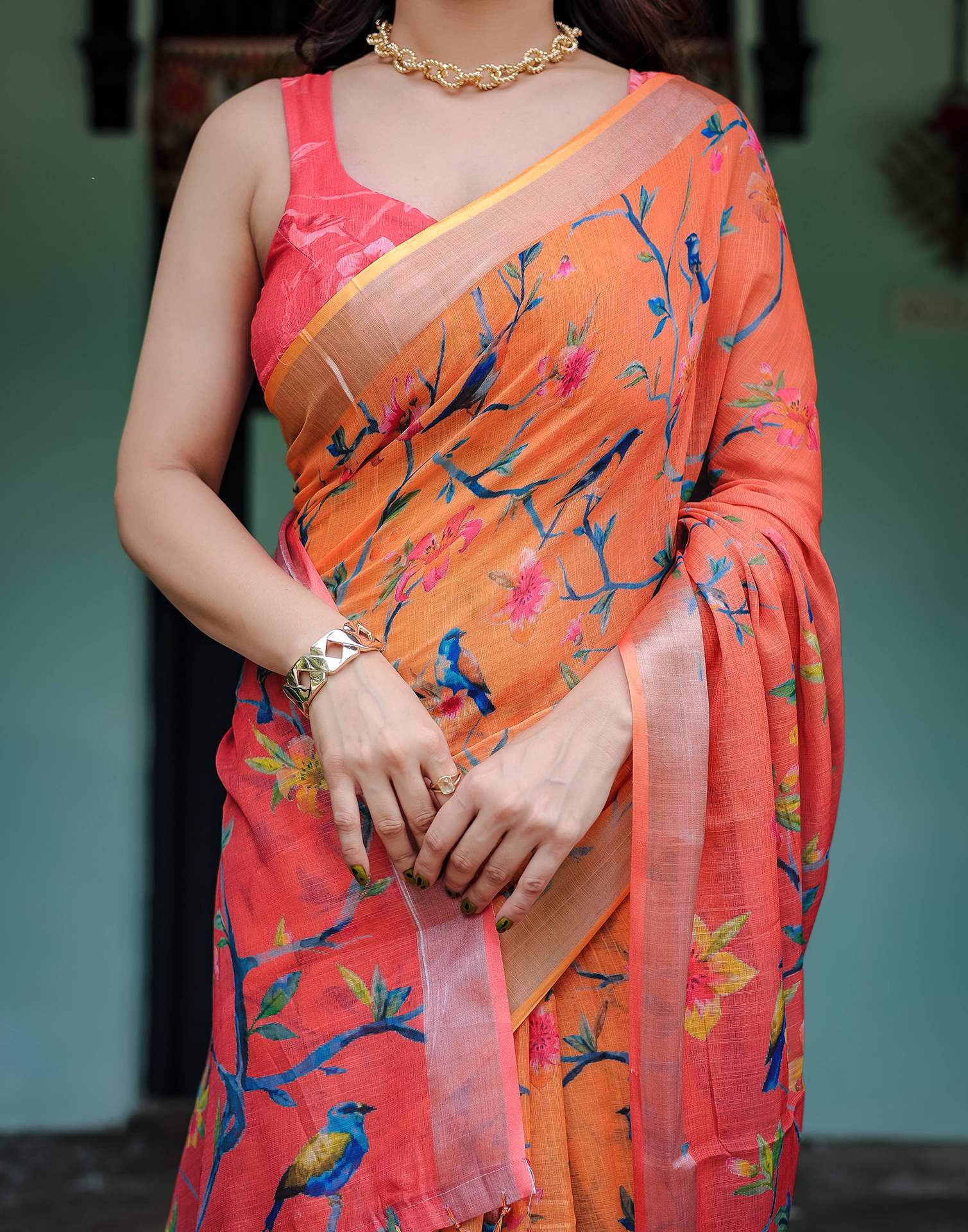 Orange Linen Printed Saree - Image 7