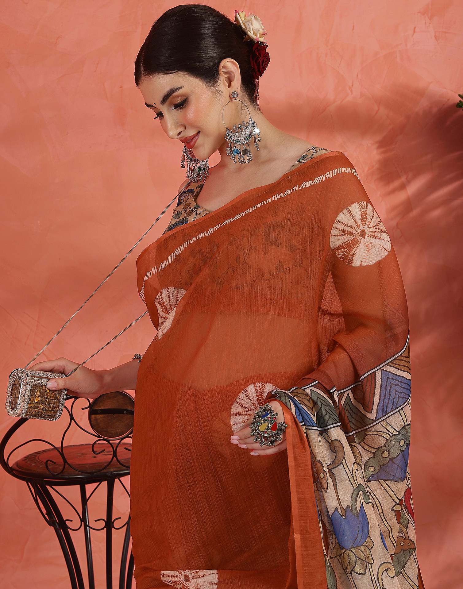 Orange Linen Printed Saree - Image 4