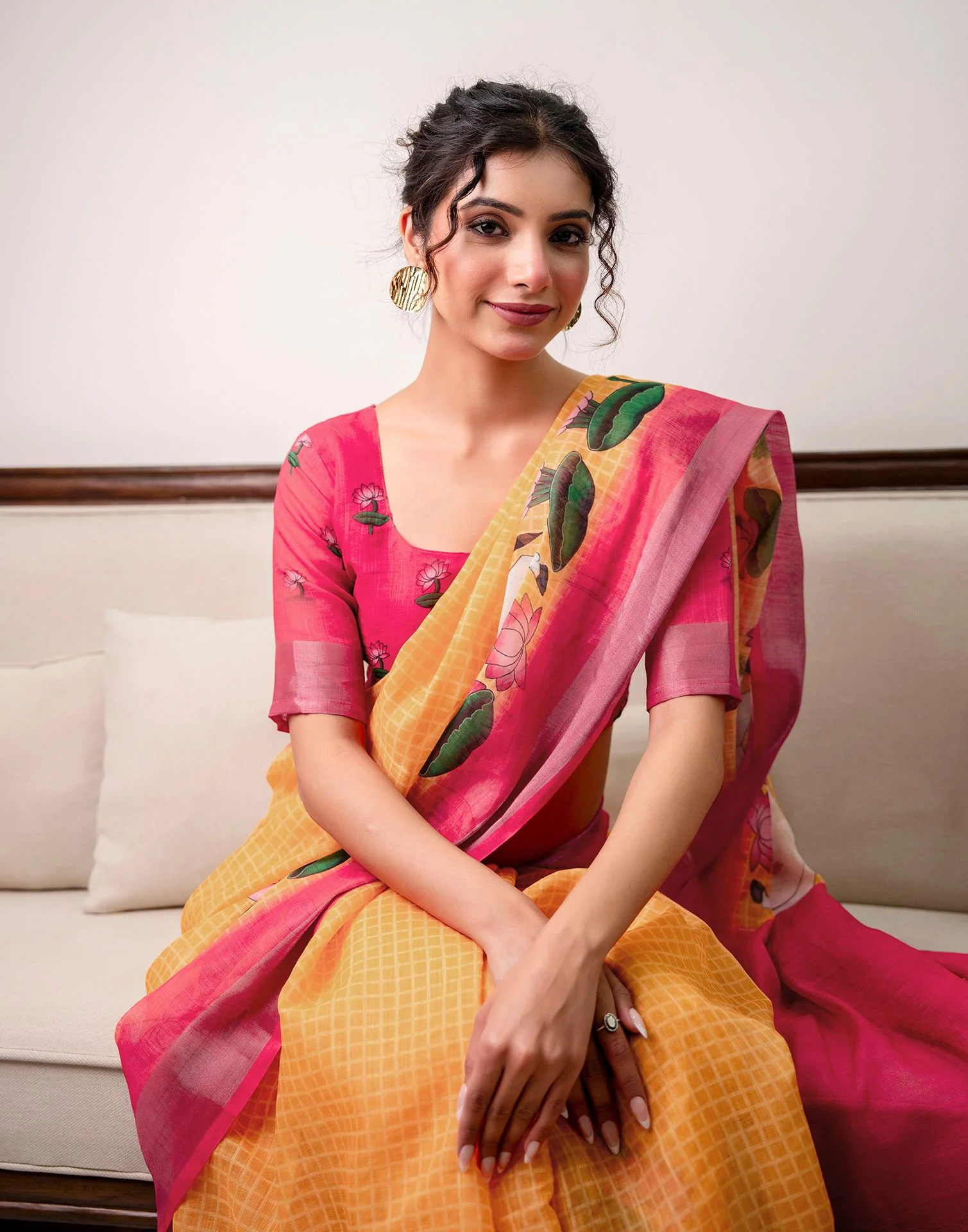Orange Linen Printed Saree  - Image 2