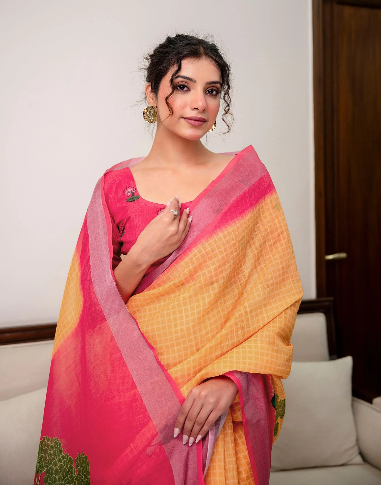 Orange Linen Printed Saree  - Image 4