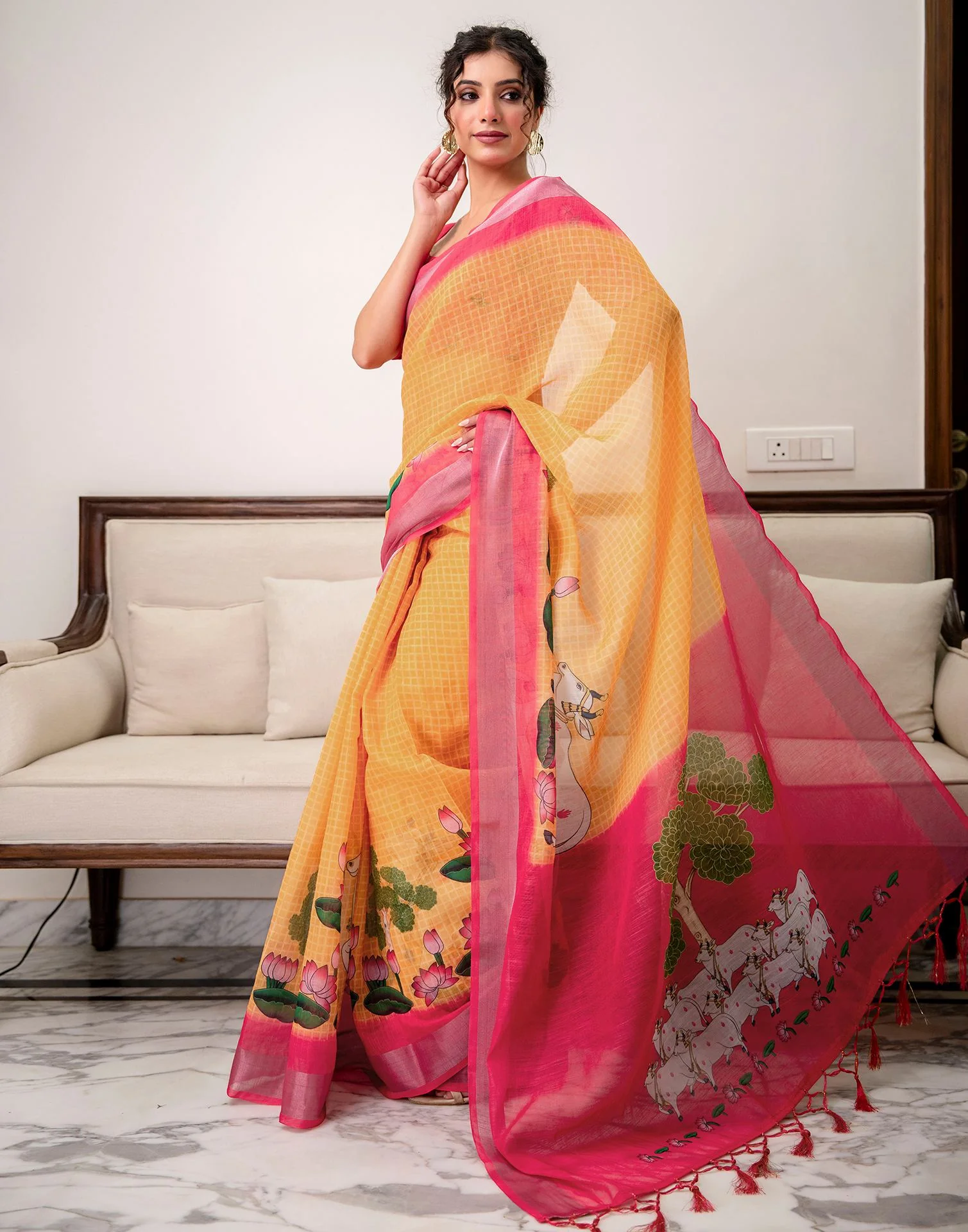 Orange Linen Printed Saree  - Image 5