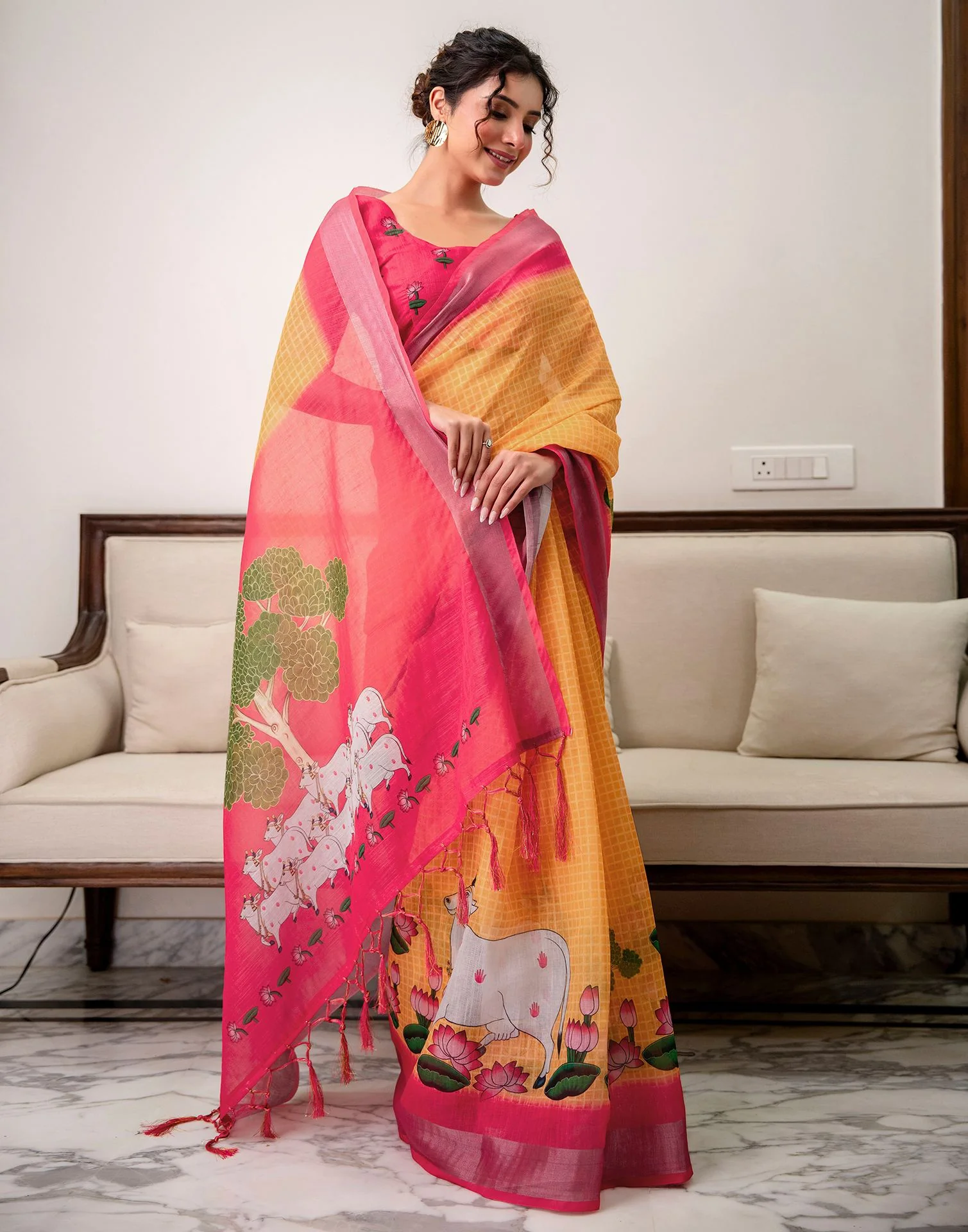 Orange Linen Printed Saree  - Image 6