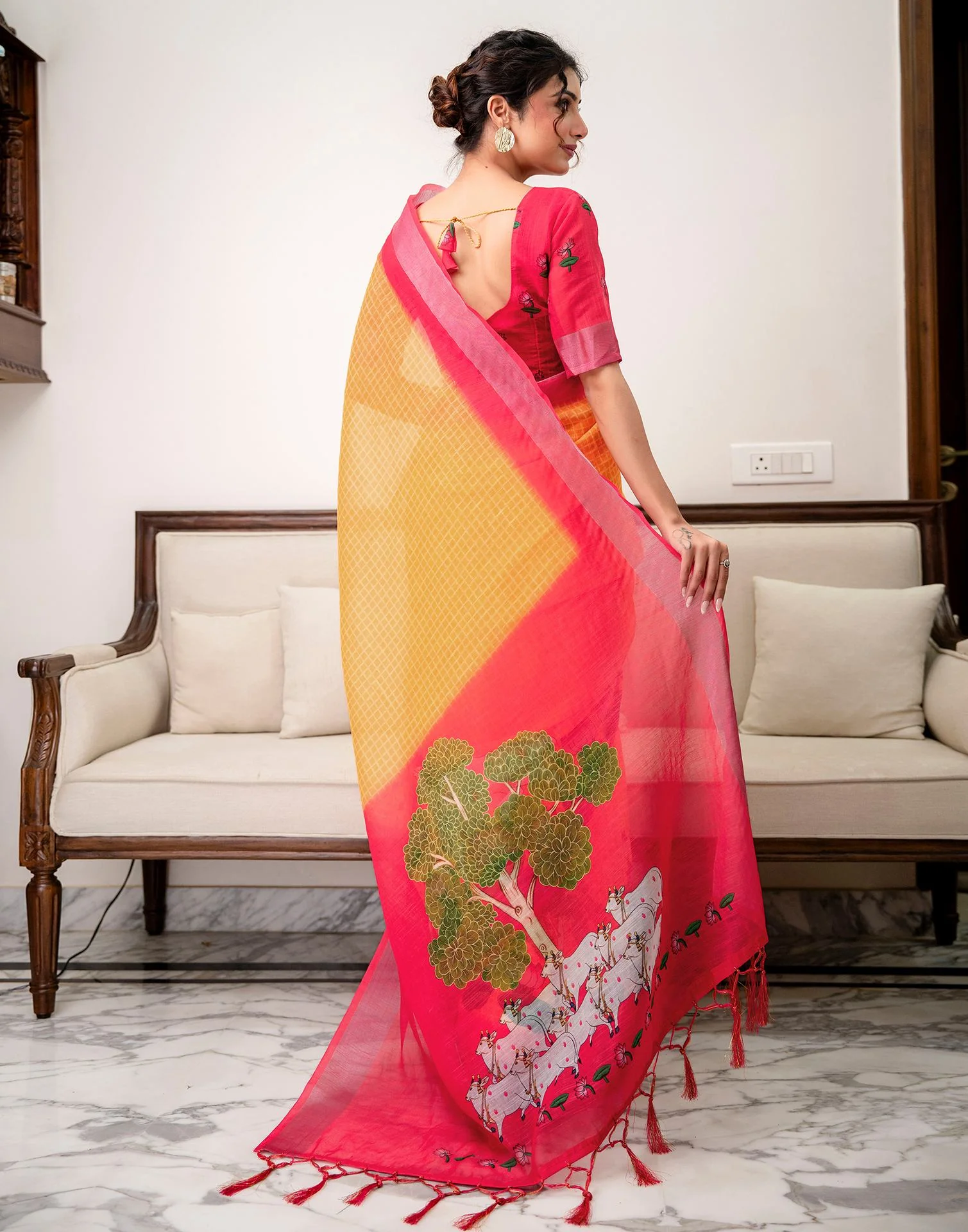 Orange Linen Printed Saree  - Image 7