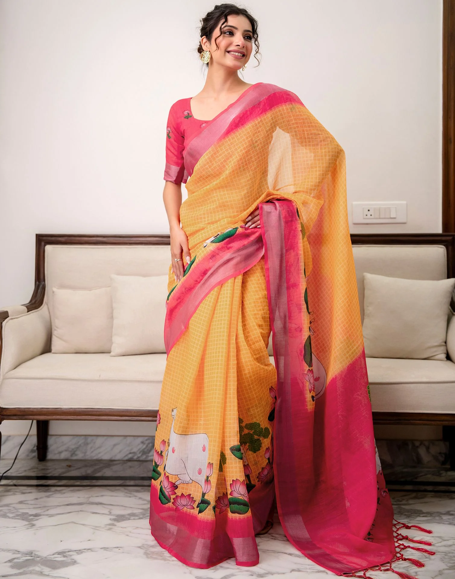 Orange Linen Printed Saree  - Image 8