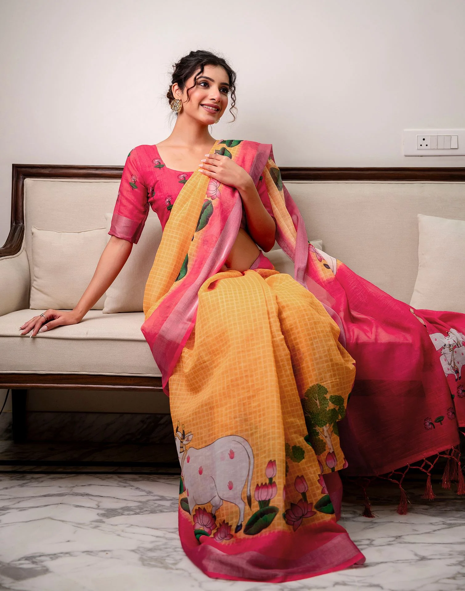 Orange Linen Printed Saree  - Image 9