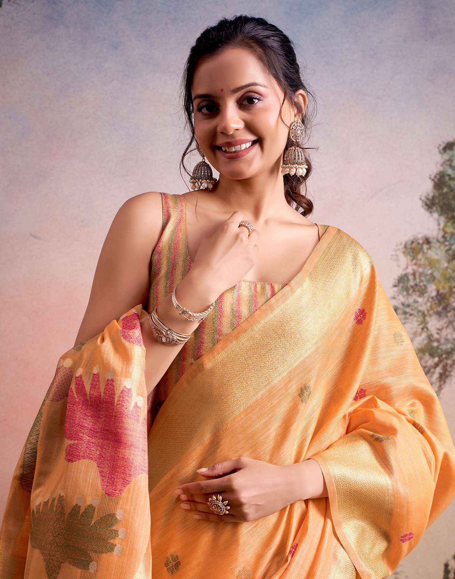 Orange Linen Silk Woven Printed Saree - Image 2