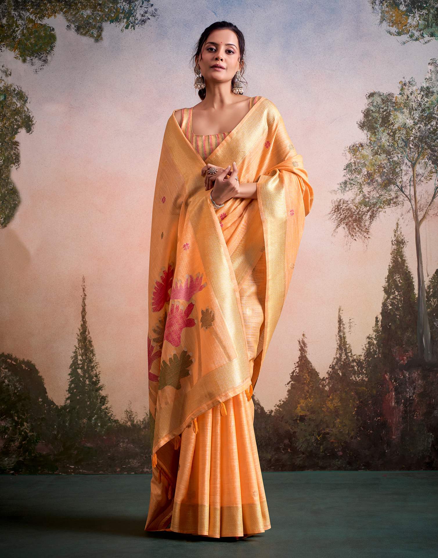 Orange Linen Silk Woven Printed Saree - Image 5