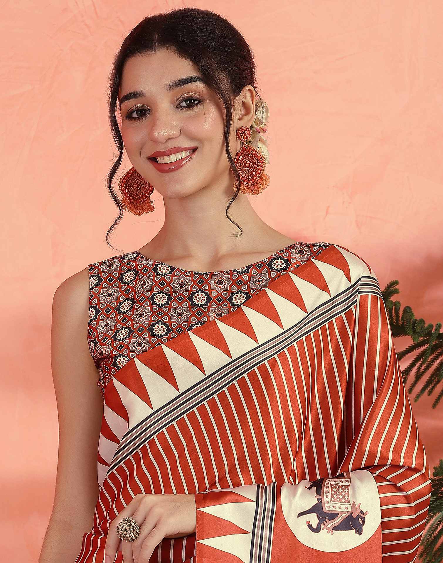 Orange Satin Printed Saree - Image 2