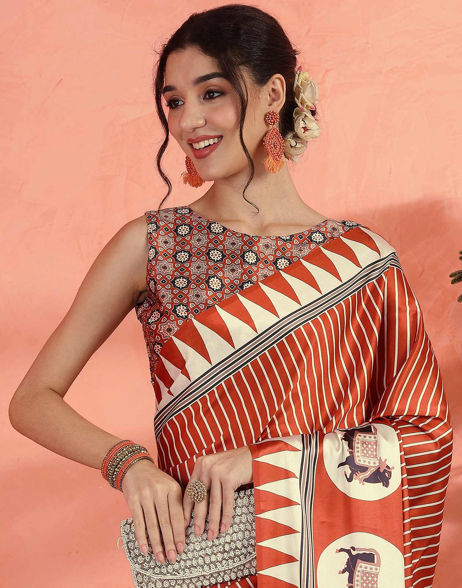 Orange Satin Printed Saree - Image 4