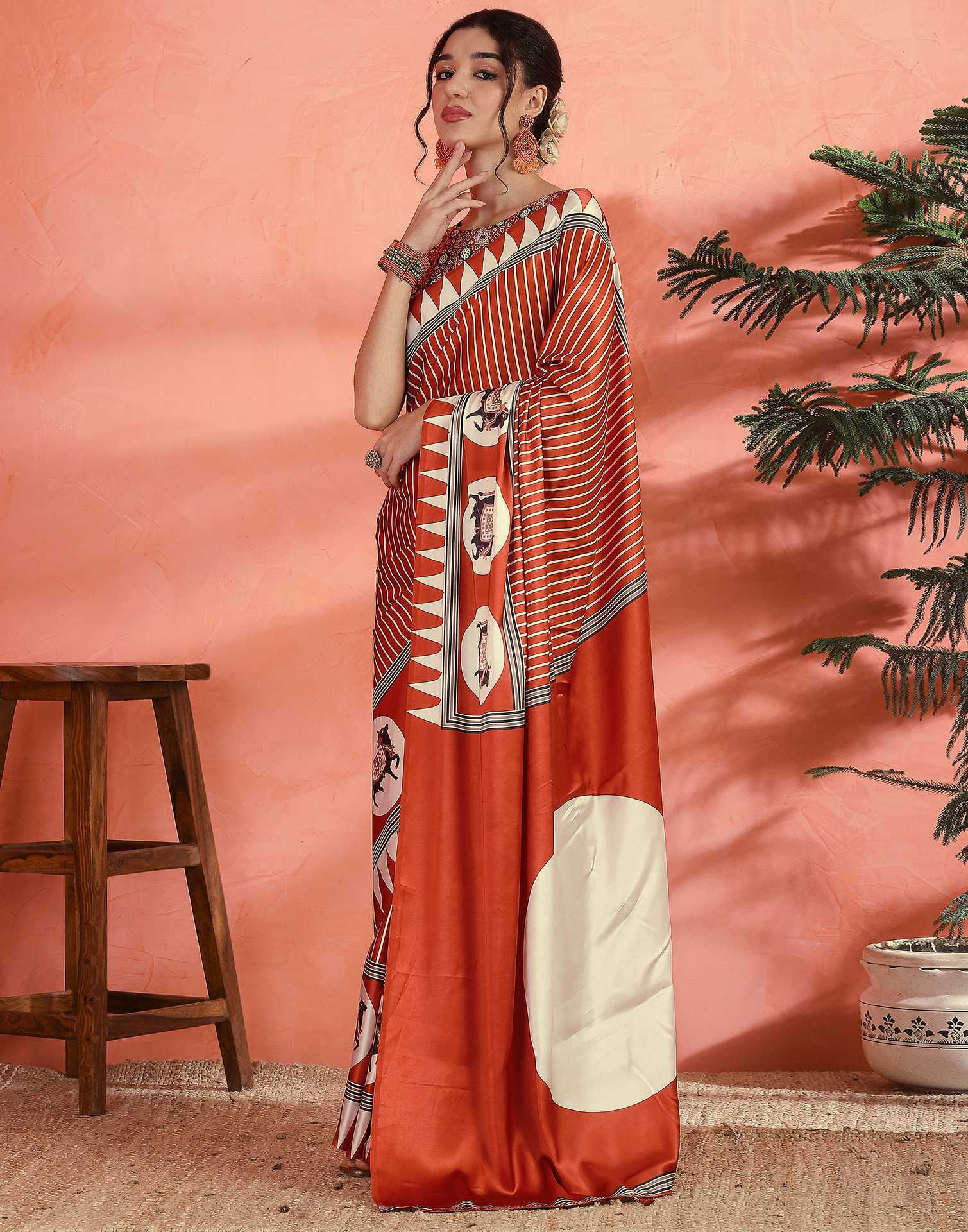 Orange Satin Printed Saree - Image 5