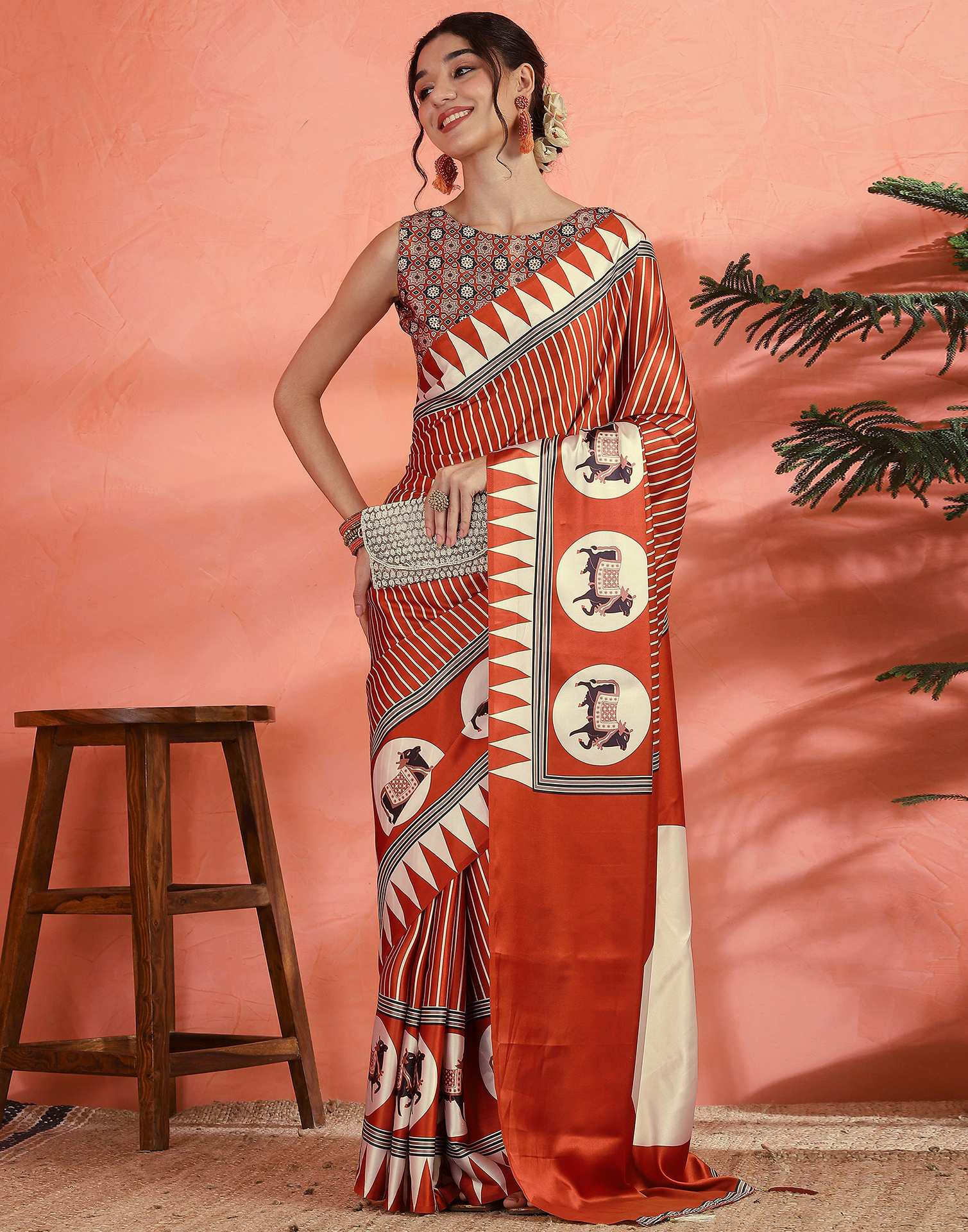 Orange Satin Printed Saree - Image 6
