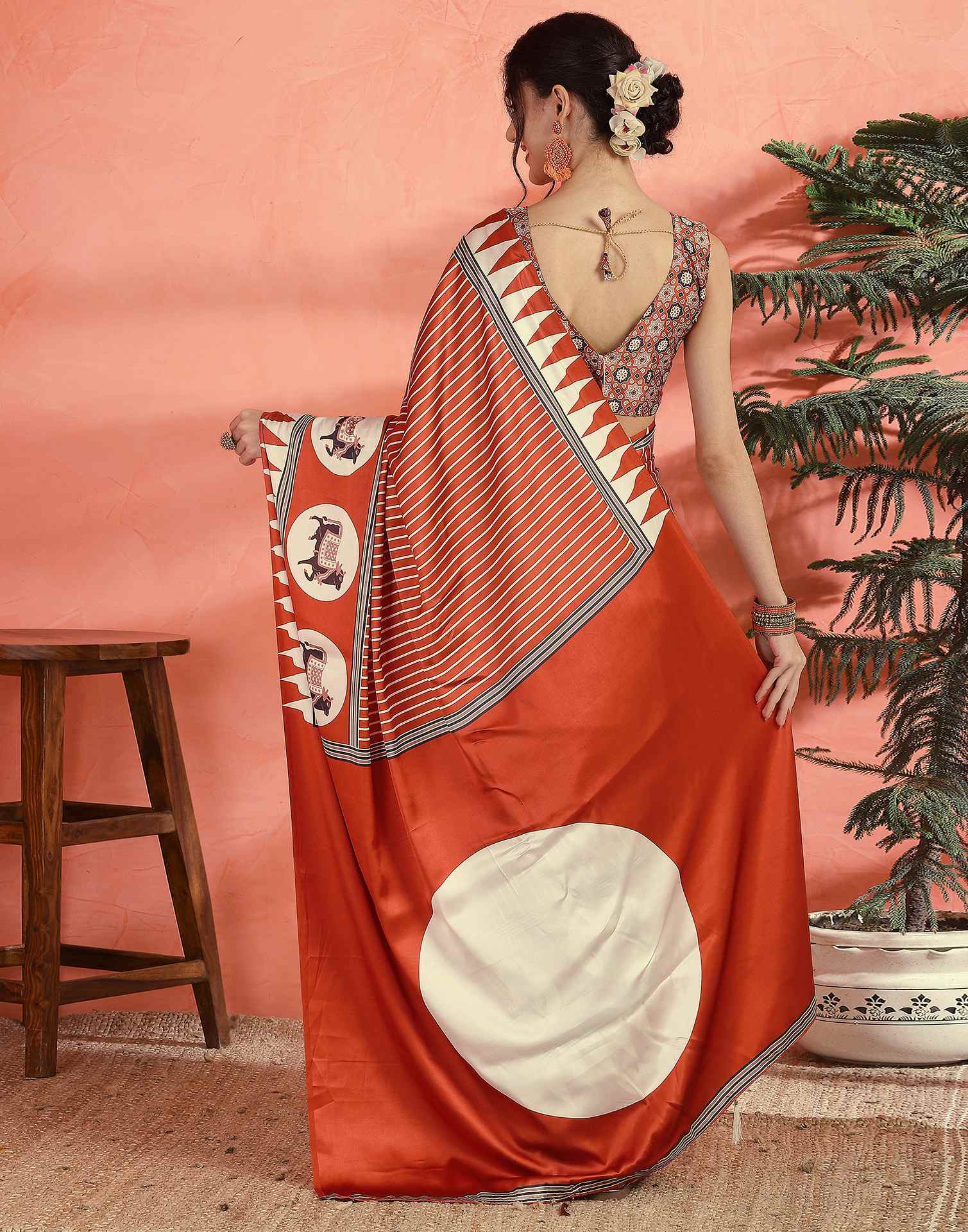 Orange Satin Printed Saree - Image 7