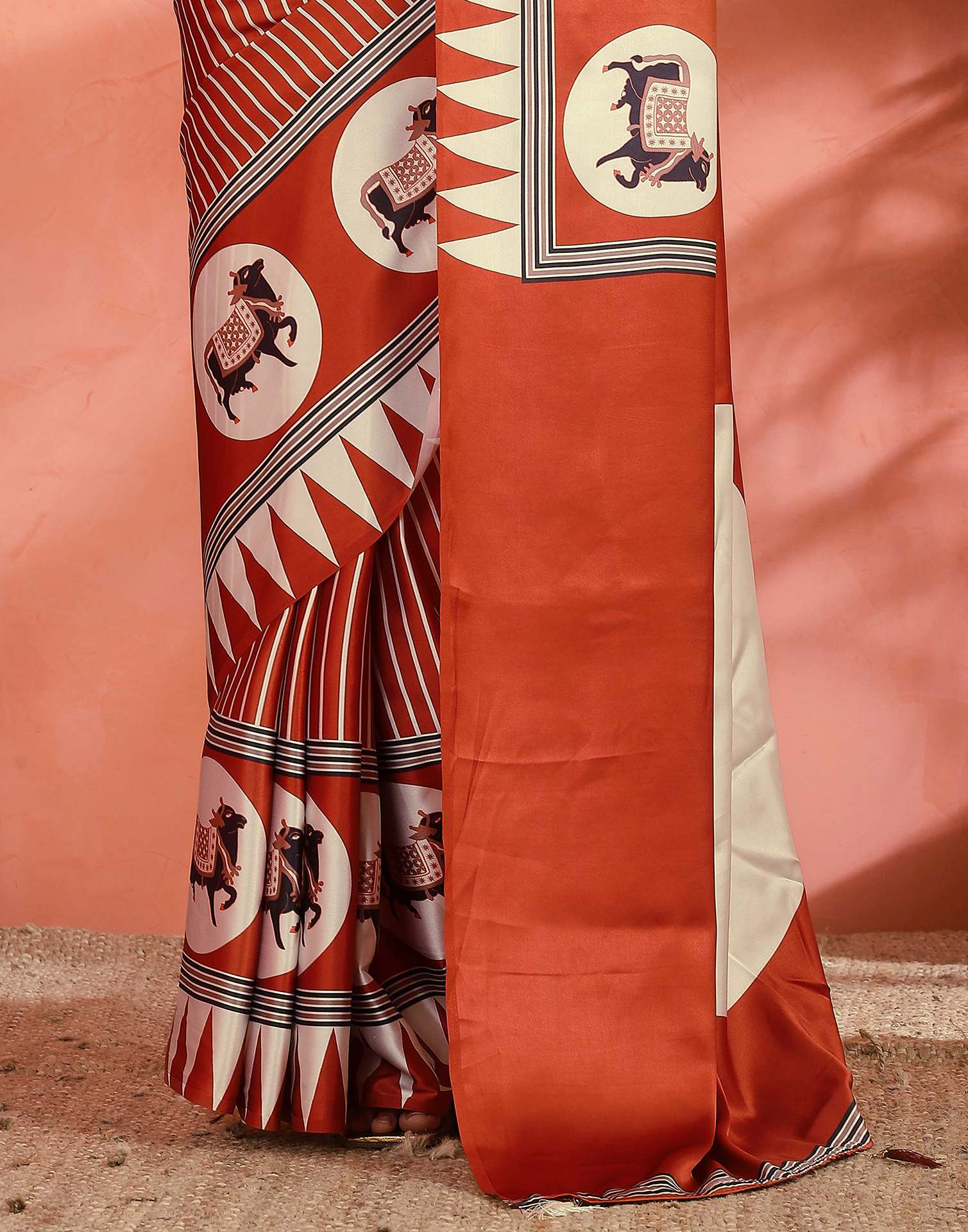 Orange Satin Printed Saree - Image 9