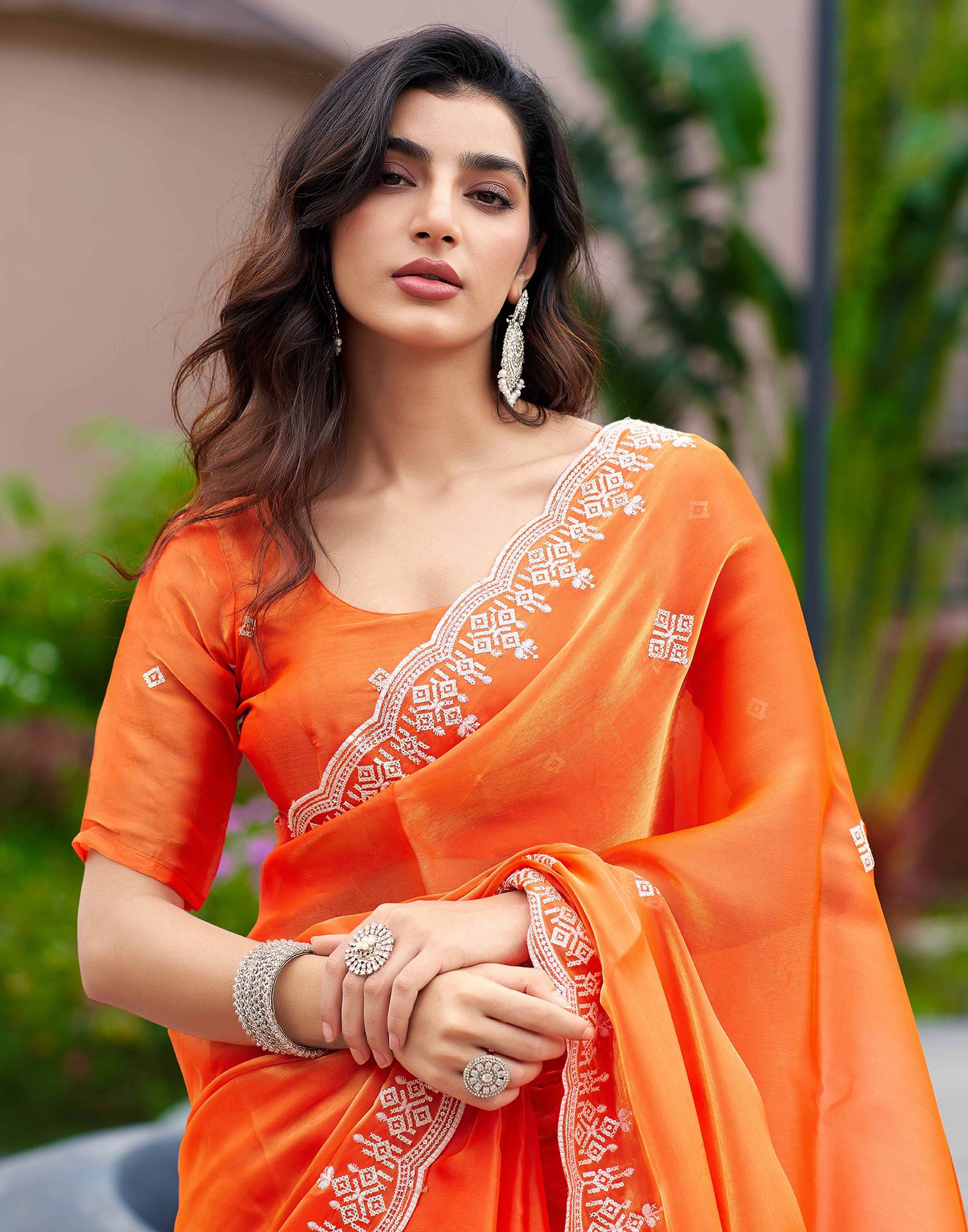 Orange Shimmer Sequence Embroidery Saree - Image 2