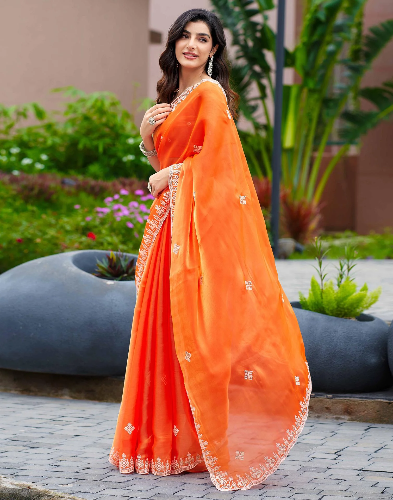 Orange Shimmer Sequence Embroidery Saree - Image 4