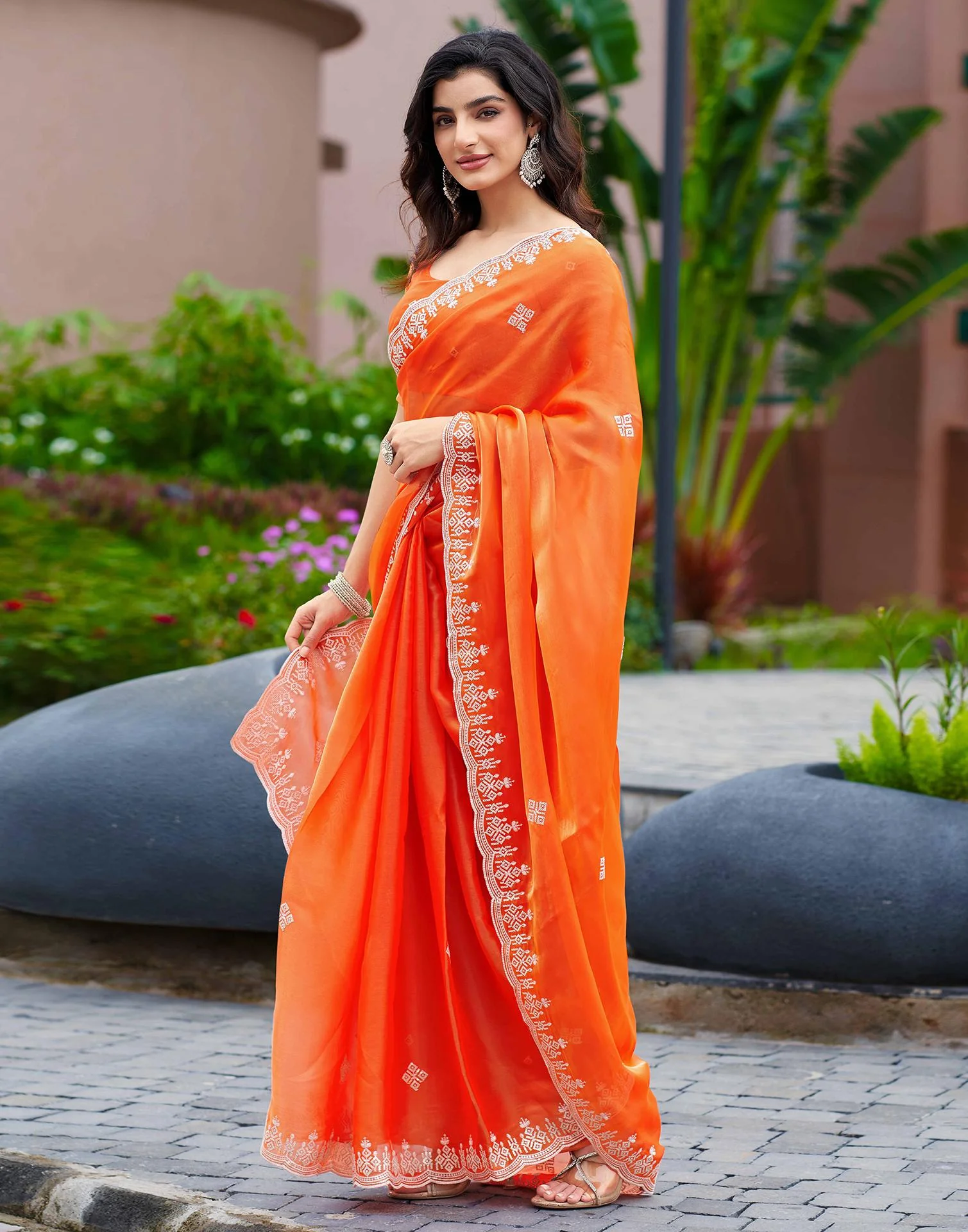 Orange Shimmer Sequence Embroidery Saree - Image 5