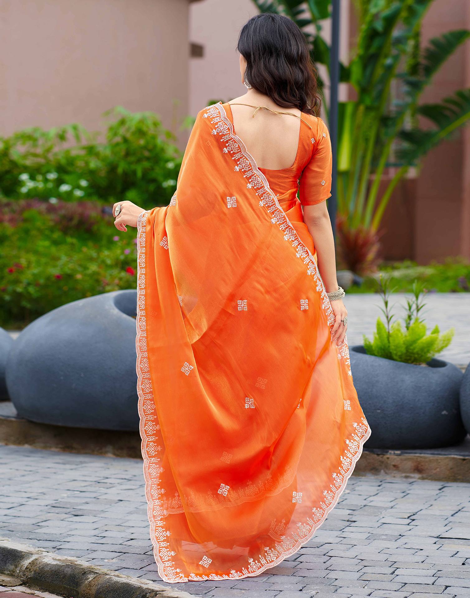 Orange Shimmer Sequence Embroidery Saree - Image 6