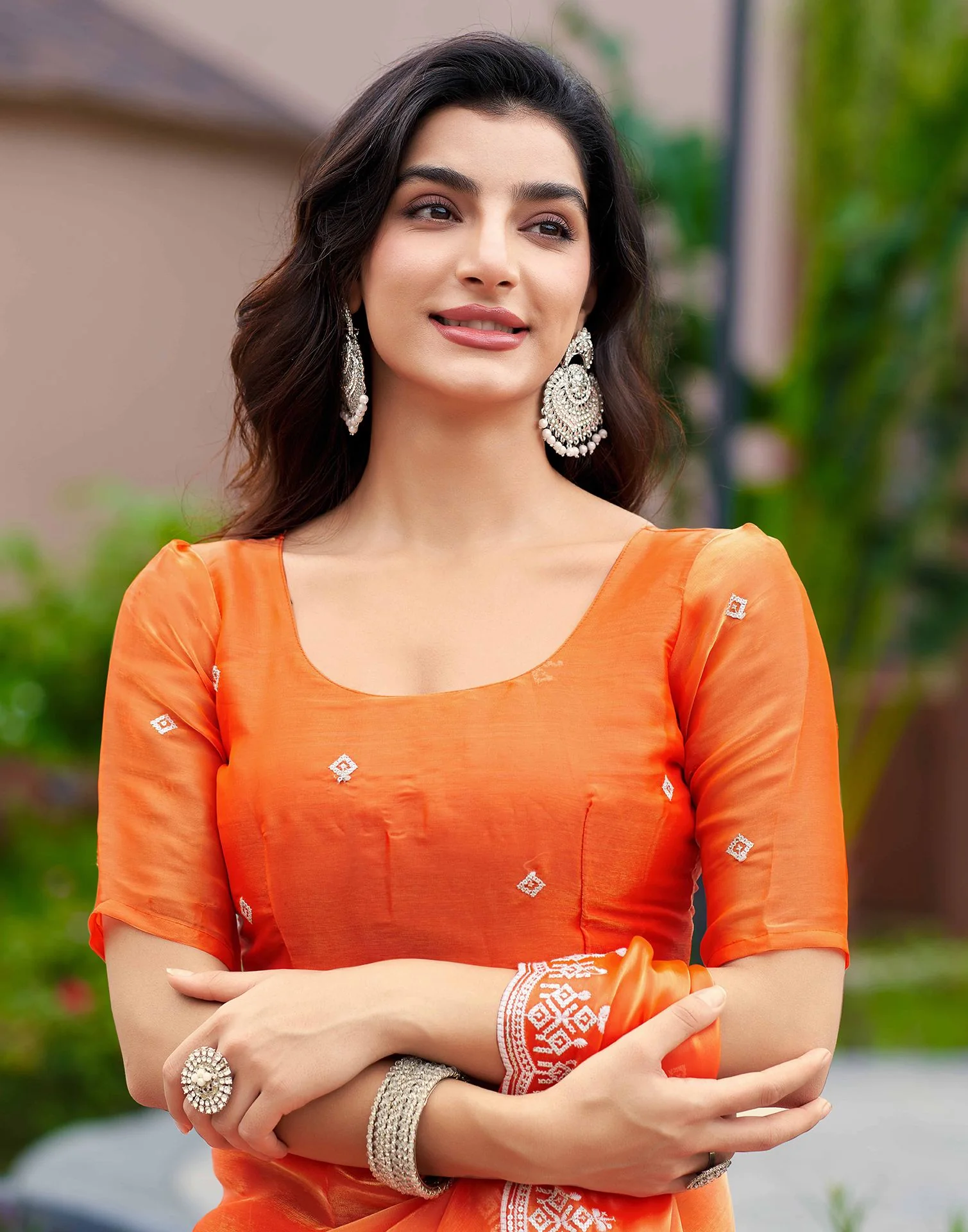 Orange Shimmer Sequence Embroidery Saree - Image 7