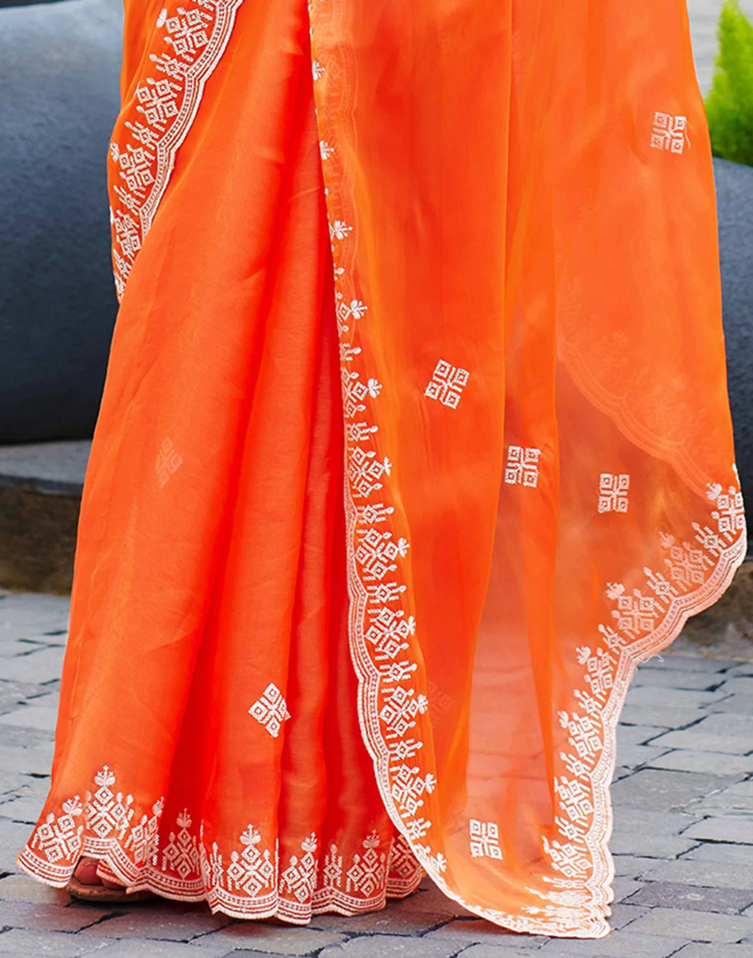 Orange Shimmer Sequence Embroidery Saree - Image 8