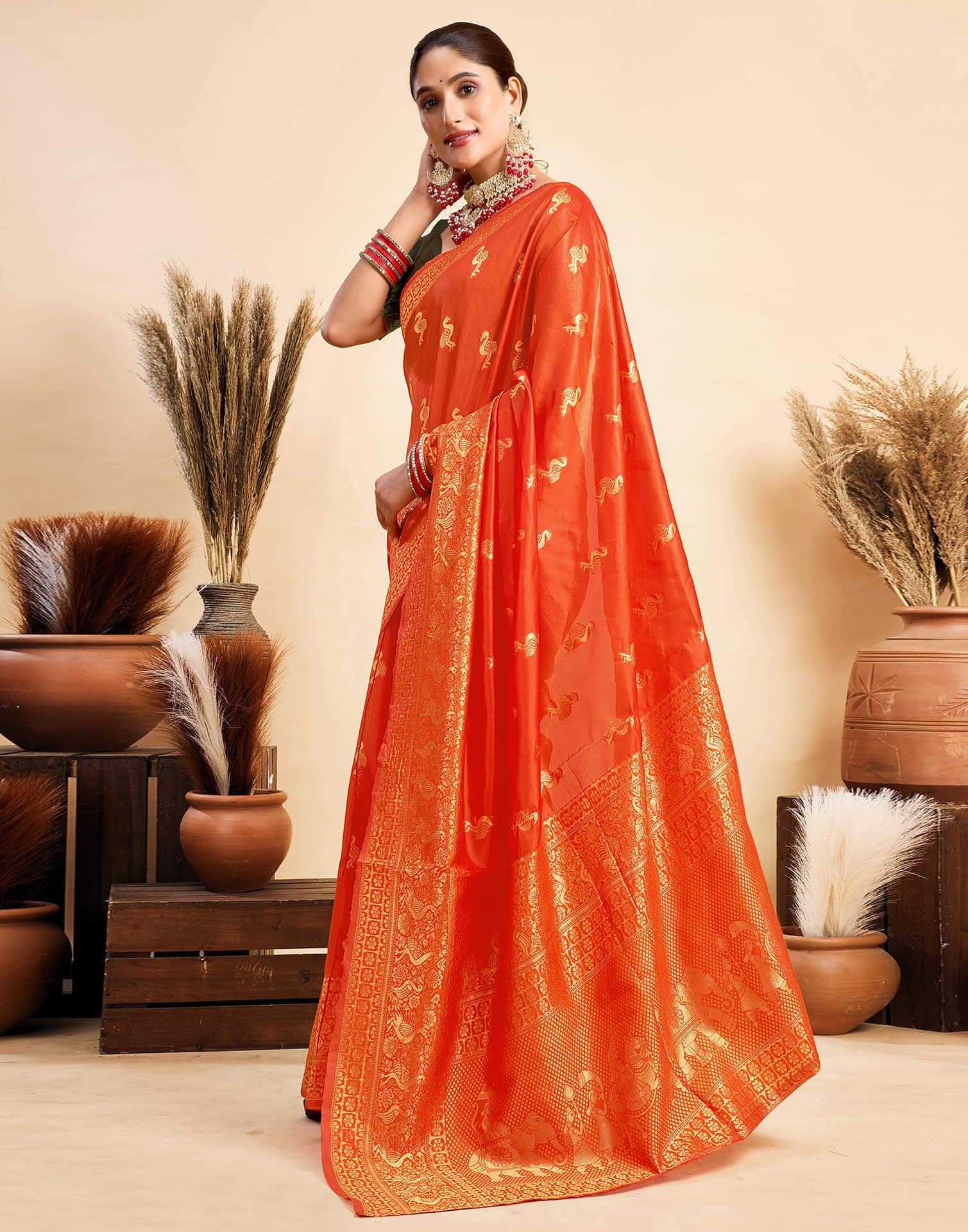 Orange Silk Woven Banarasi Saree - Image 2