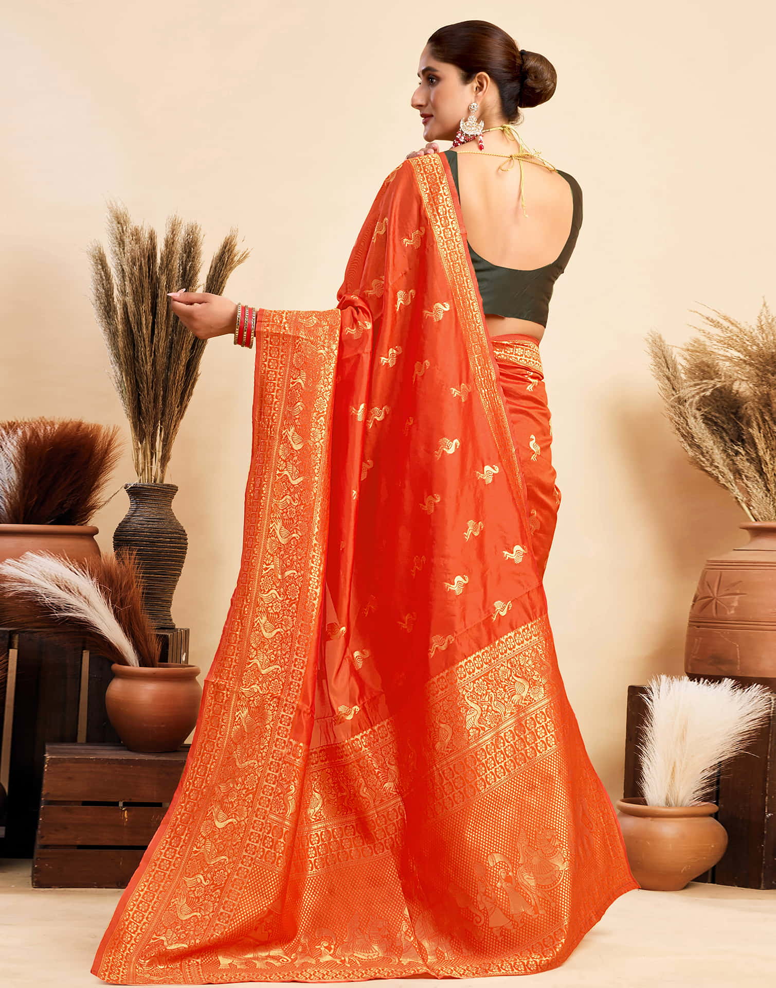 Orange Silk Woven Banarasi Saree - Image 6