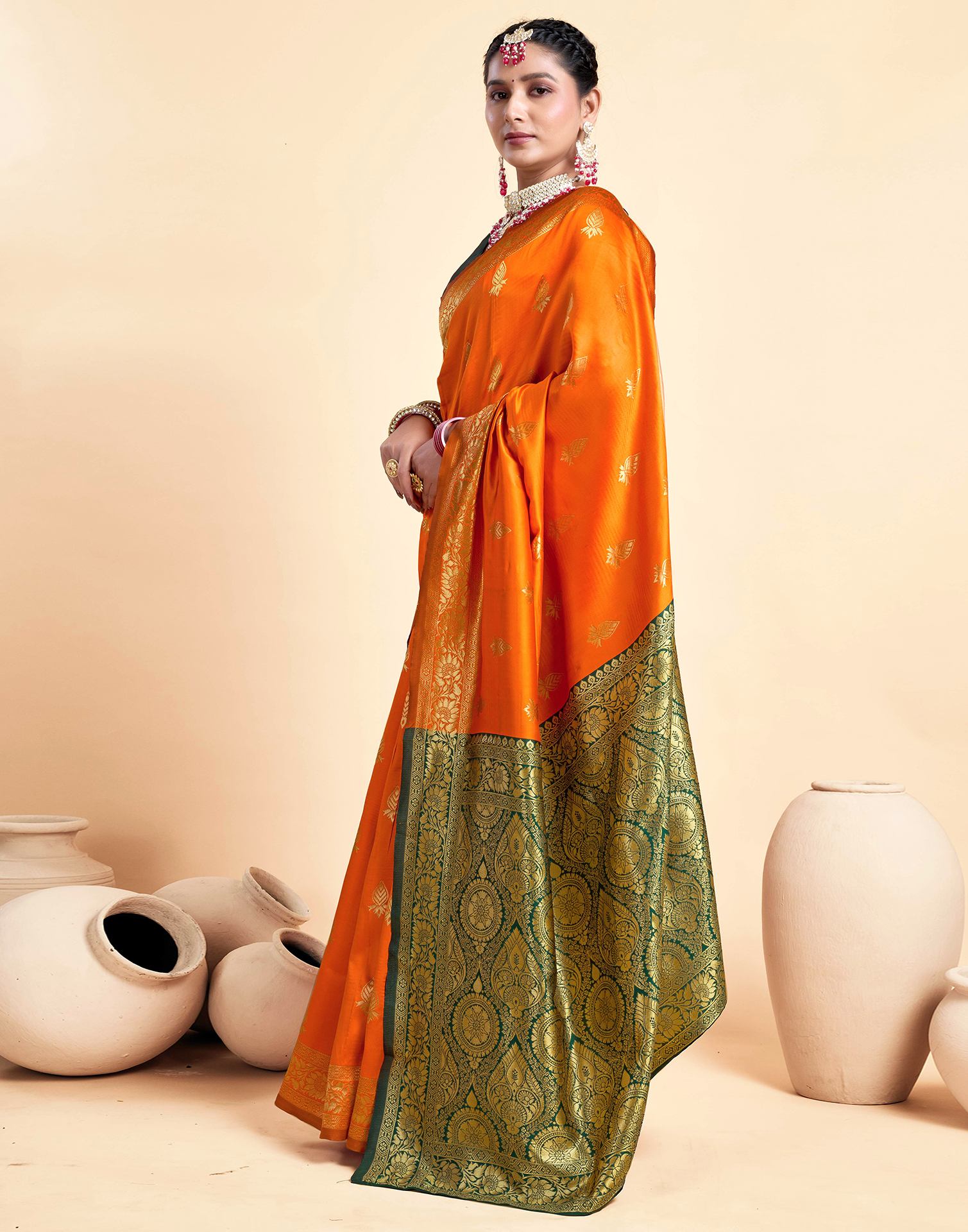 Orange Silk Woven Banarasi Saree - Image 4
