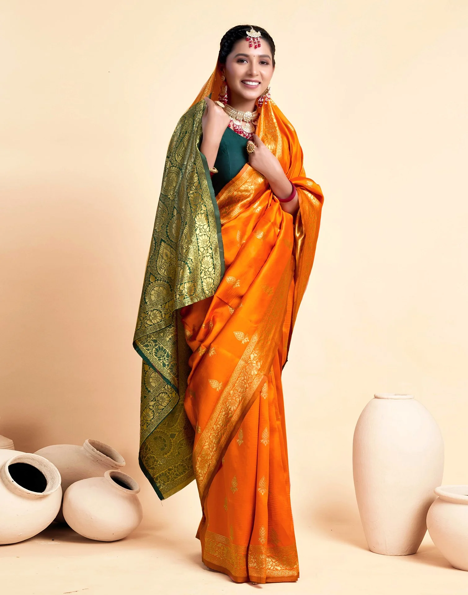 Orange Silk Woven Banarasi Saree - Image 5