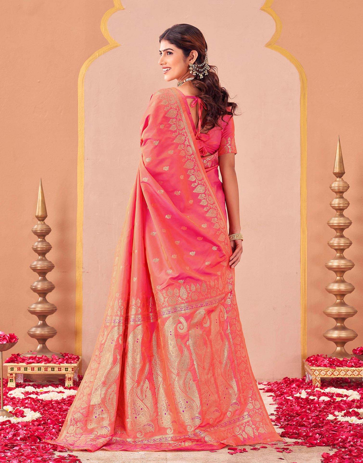 Orange Silk Woven Banarasi Saree - Image 6