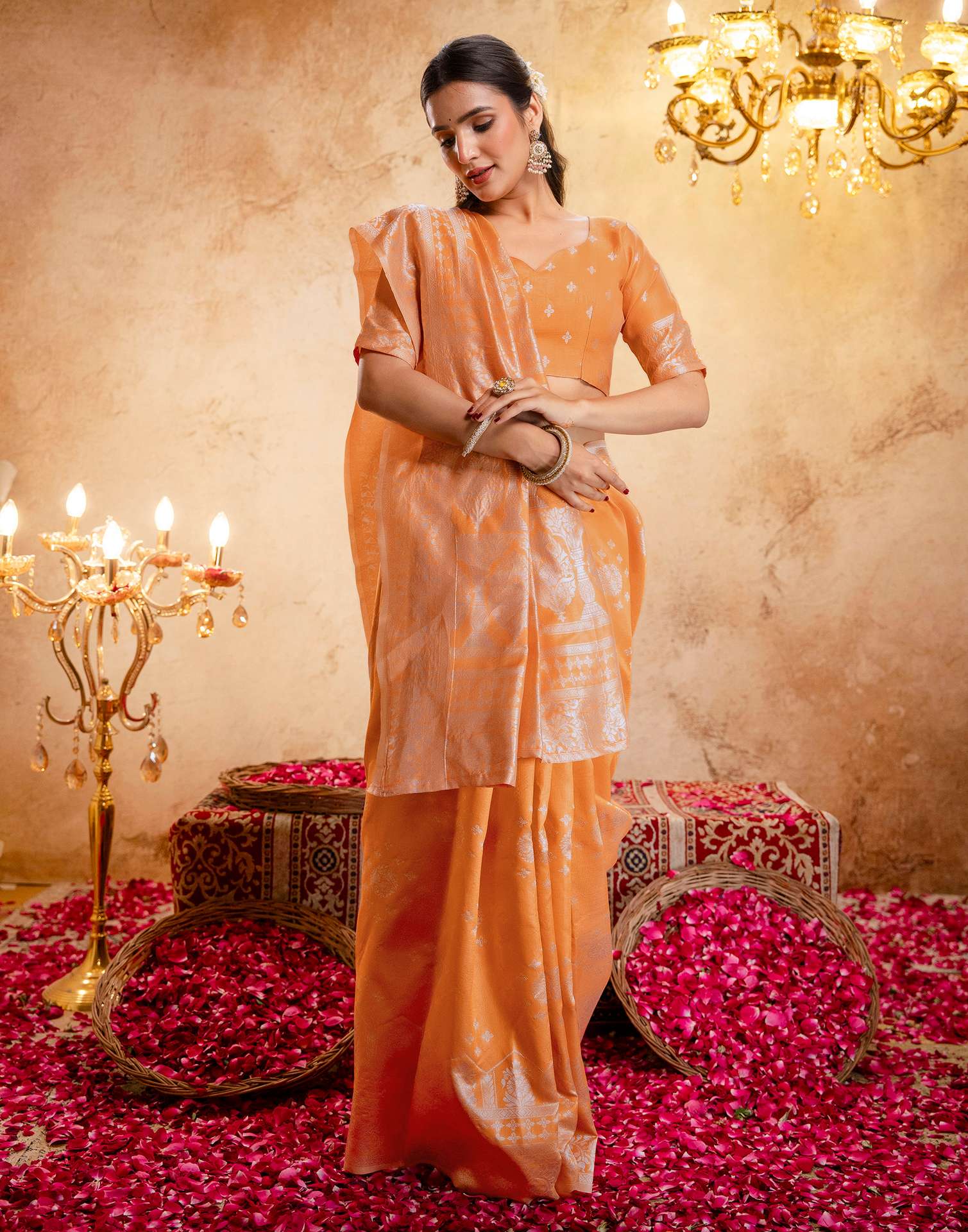 Orange Silk Woven Banarasi Saree - Image 11