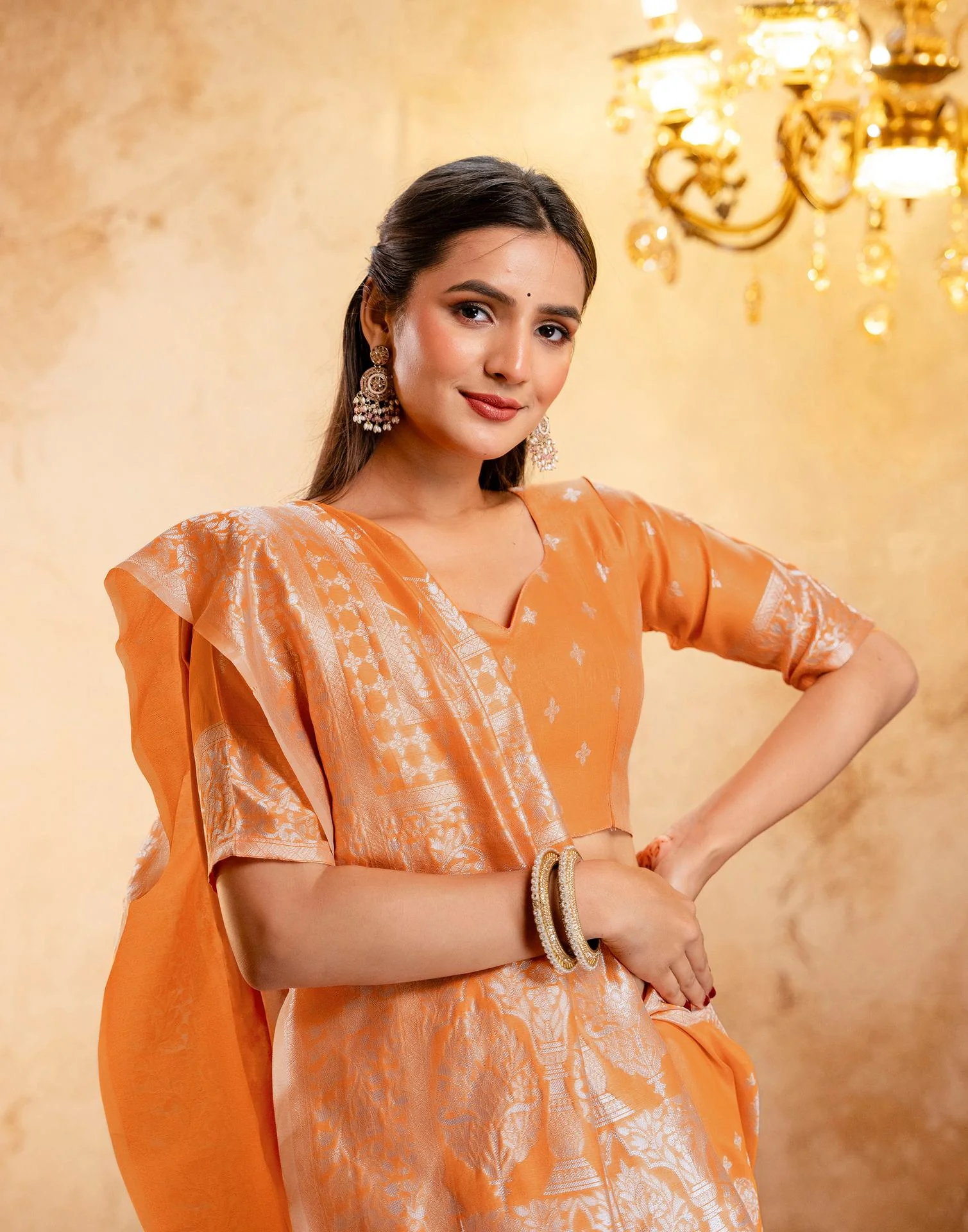 Orange Silk Woven Banarasi Saree - Image 2