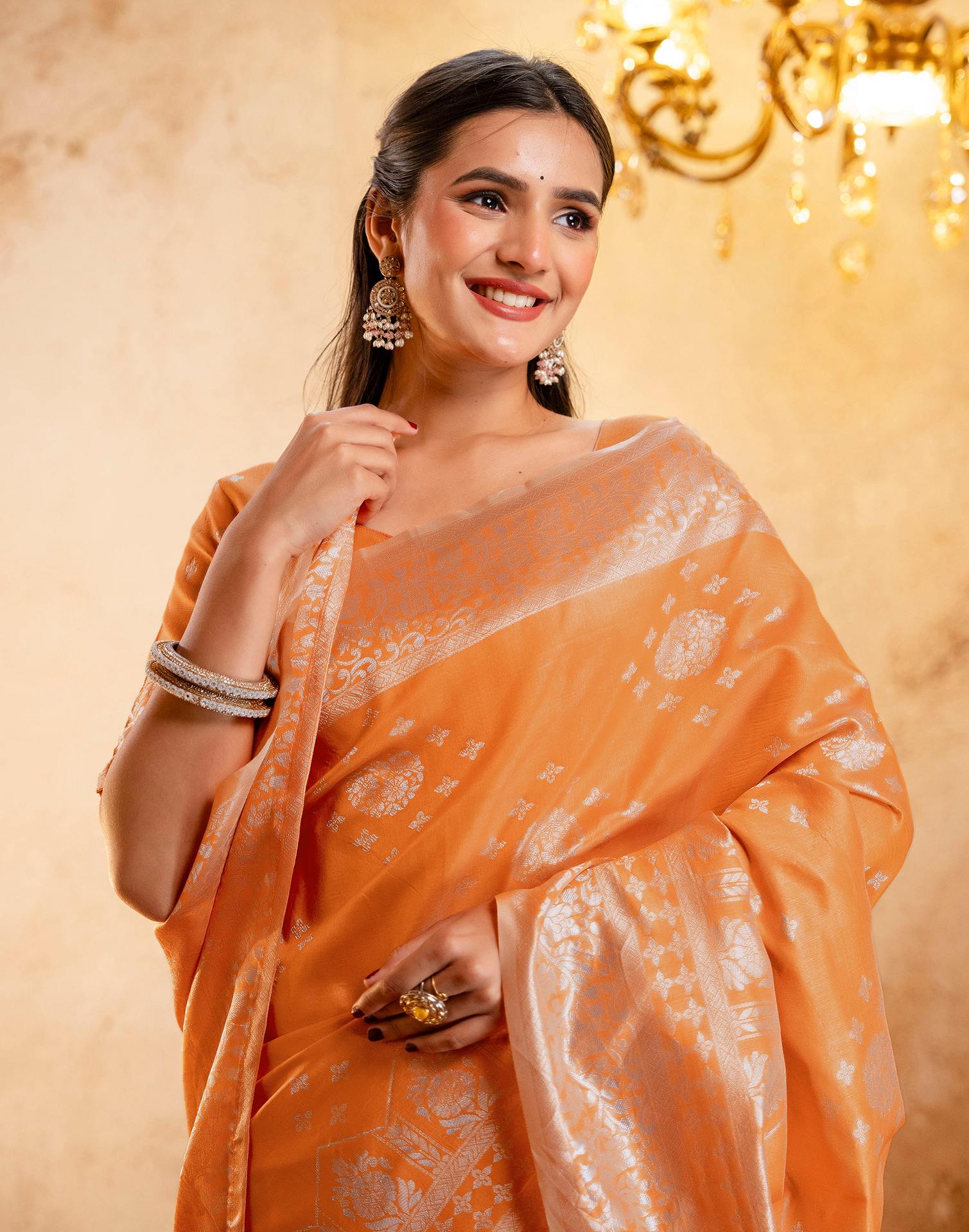 Orange Silk Woven Banarasi Saree - Image 8