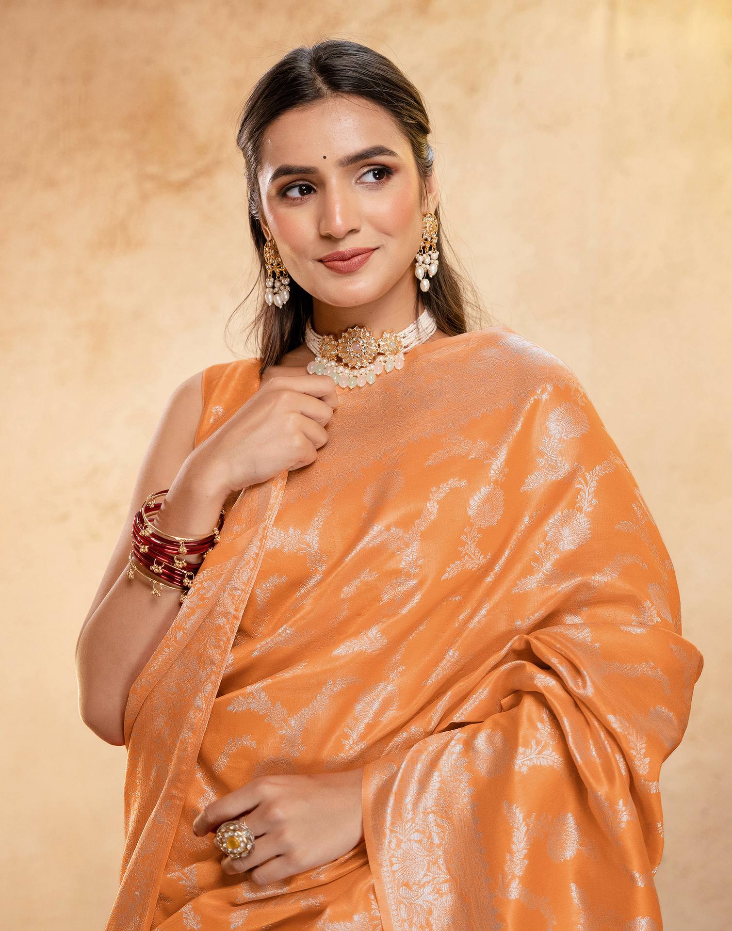 Orange Silk Woven Banarasi Saree - Image 2