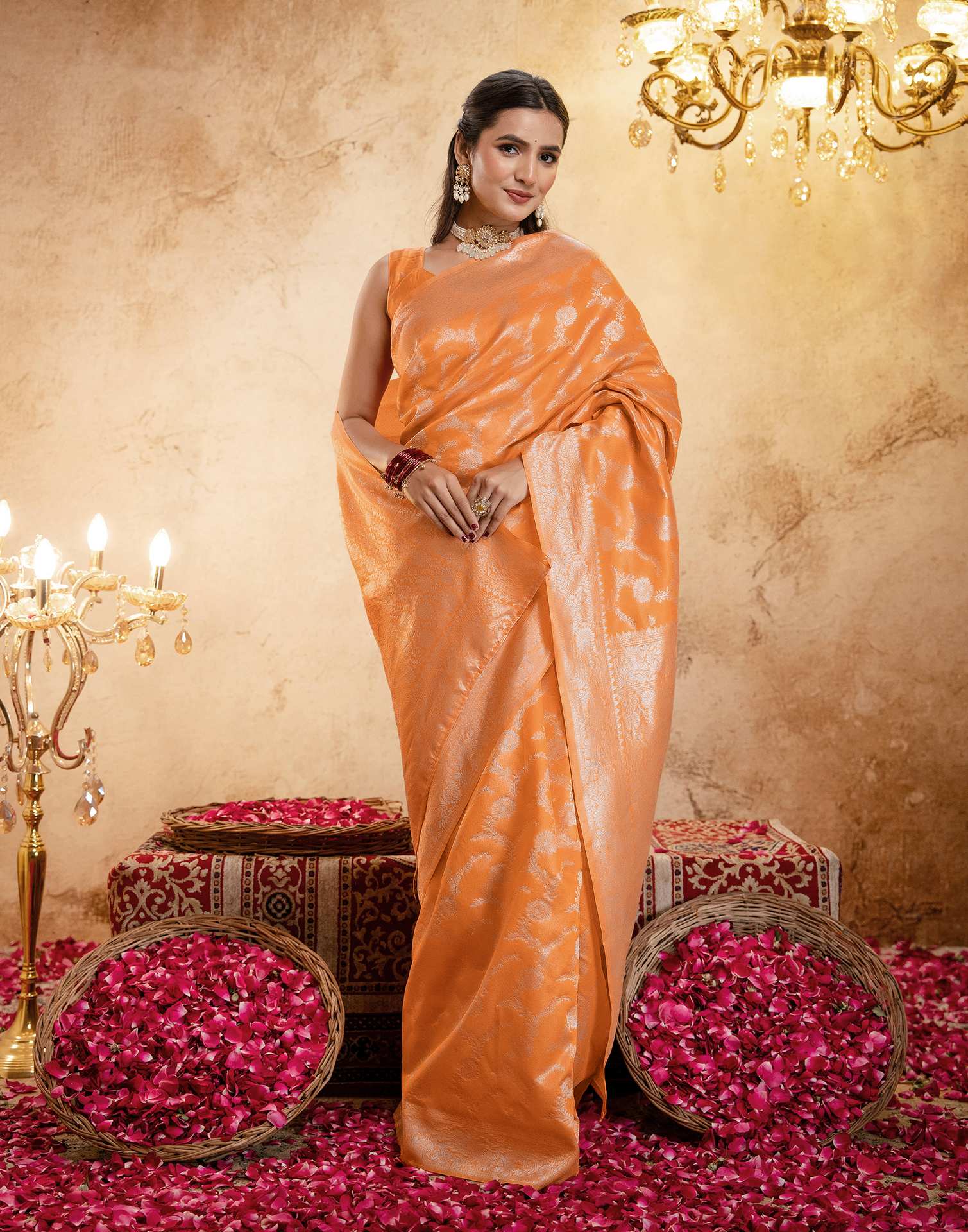 Orange Silk Woven Banarasi Saree - Image 7