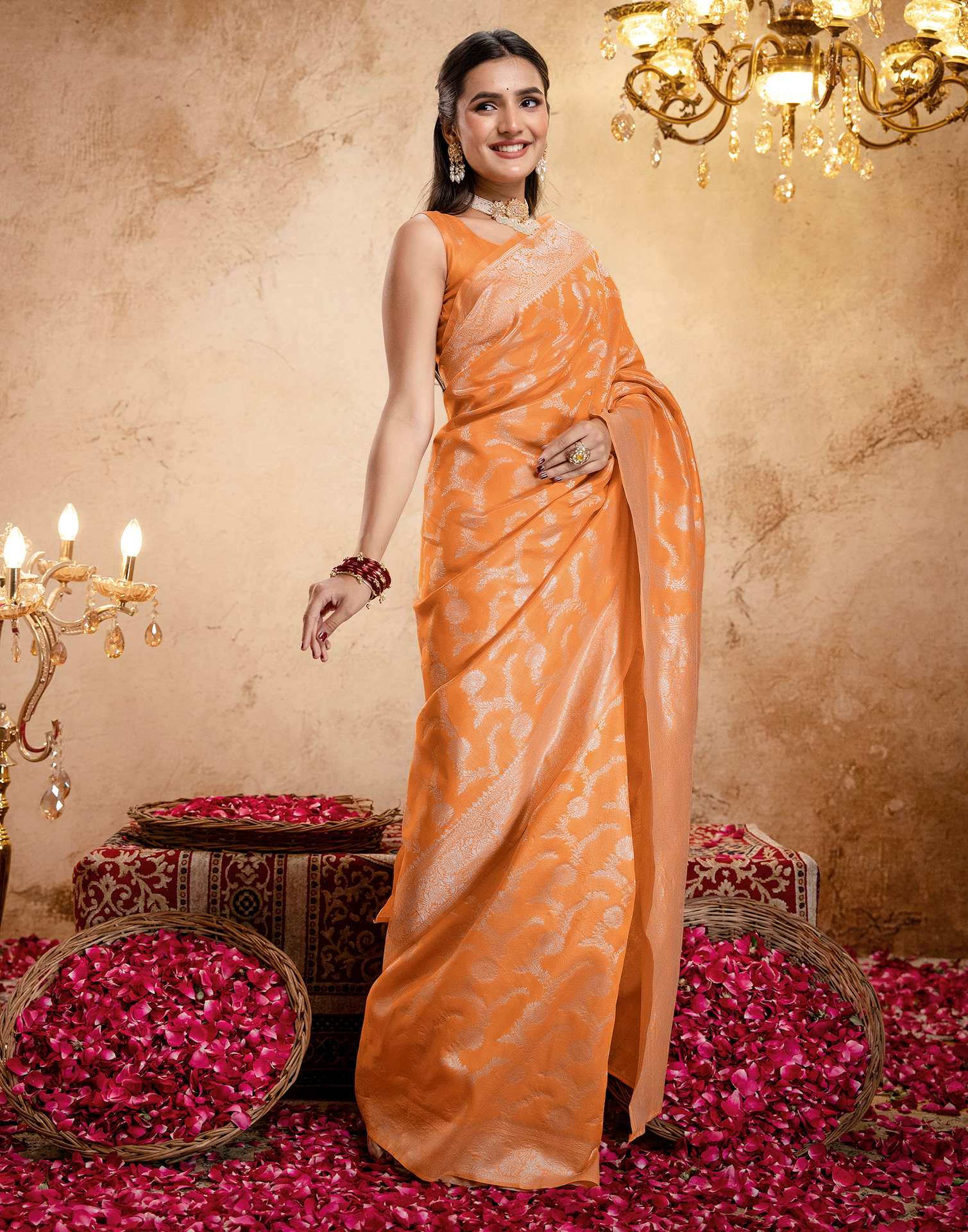 Orange Silk Woven Banarasi Saree - Image 9