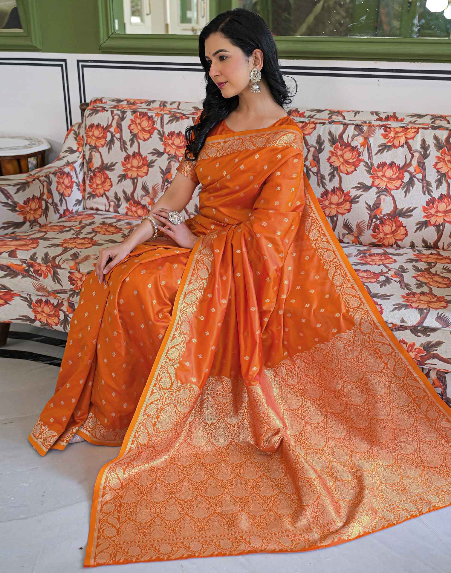 Orange Silk Woven Banarasi Saree - Image 10