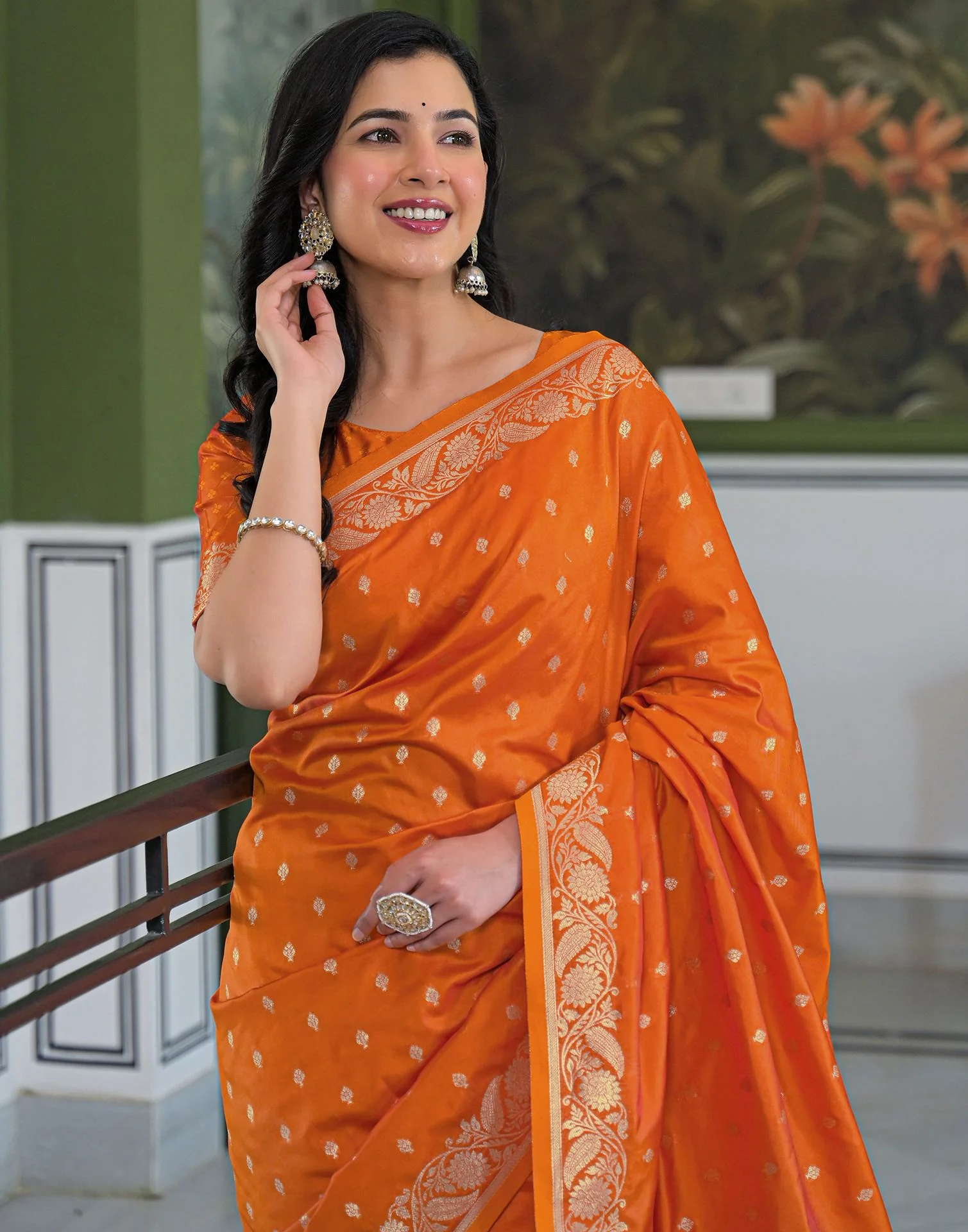 Orange Silk Woven Banarasi Saree - Image 2