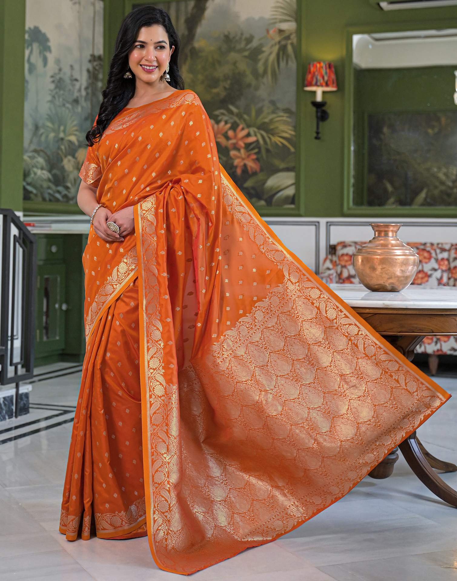 Orange Silk Woven Banarasi Saree - Image 4